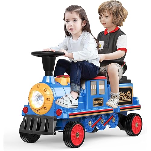 ANPABO 2-Seater Ride On Train Trackless, 12V Ride On Toy with Height-Adjustable Seat, Extra Storage, Headlight, Train Whistle & Music, Electric Car for Kids 3+ (Carriage Not Included), Blue