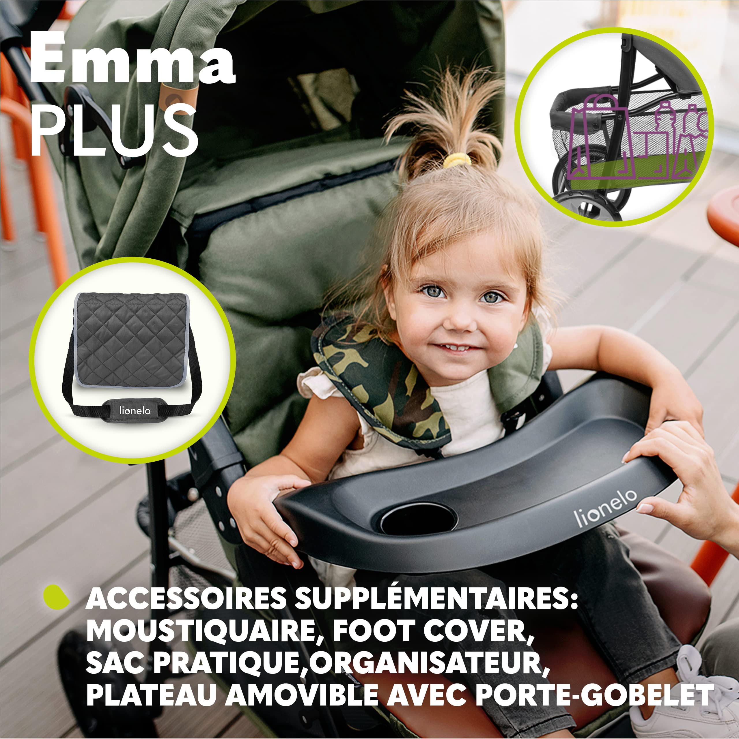 LIONELO Emma Plus poussette bébé 15 kg harnais 5 points pliage rapide amortisseurs sac inclus matelas STONE