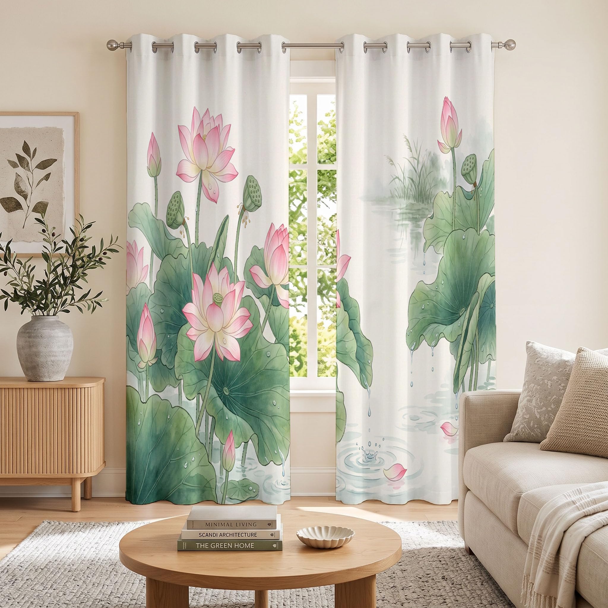 Cortinas Opacas De Paisaje De Loto Chino Plantas Frescas En Acuarela | Juego De 2 Unidades, Cortinas Opacas con Ojales, Blanco, Aislamiento Térmico para Salón Dormitorio, 140Anx240Al Cm