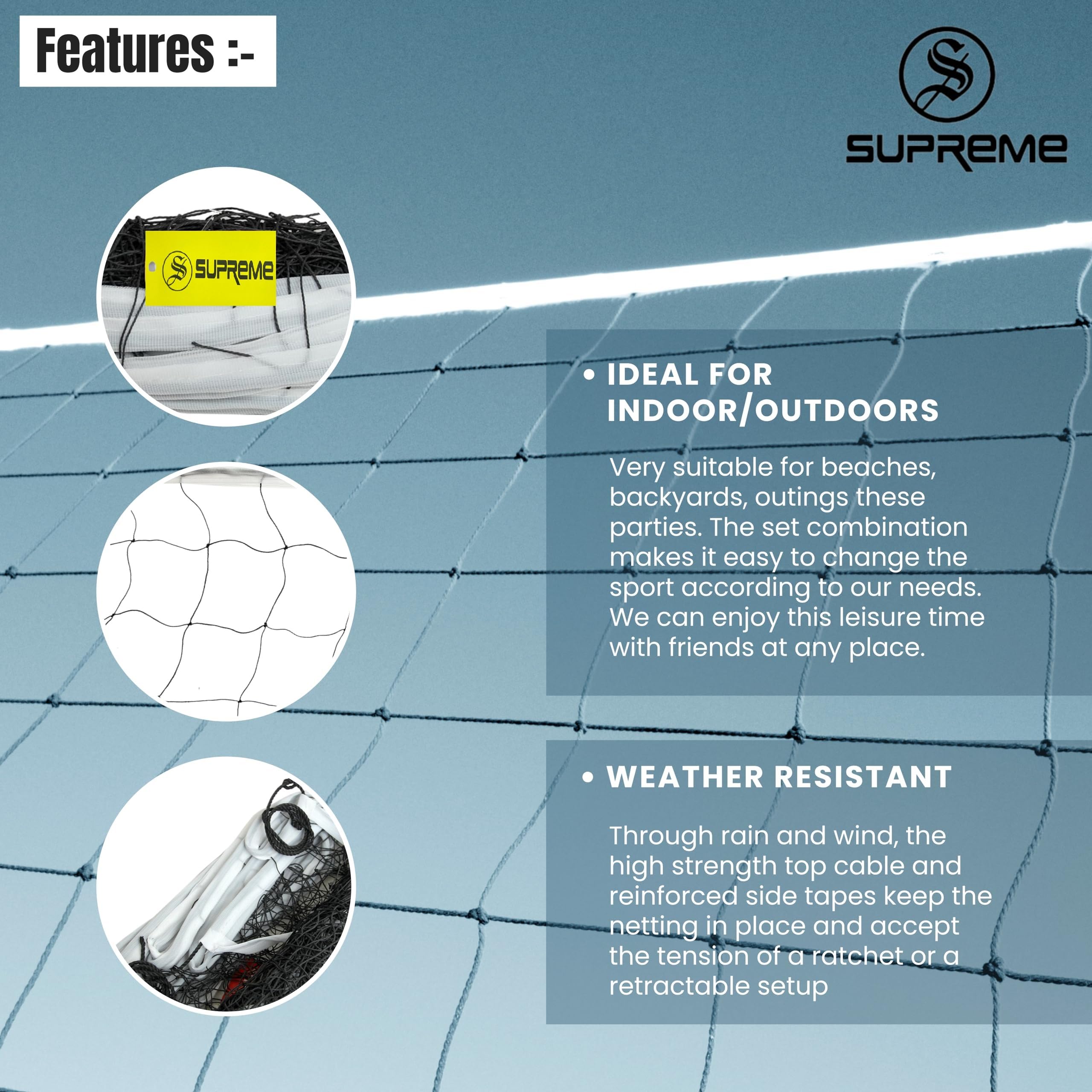 Supreme Volleyball Net Nylon (4 Side Tape) 10 Mesh,Heavy (Pack of 1) Volleyball Net (Black, White) 2