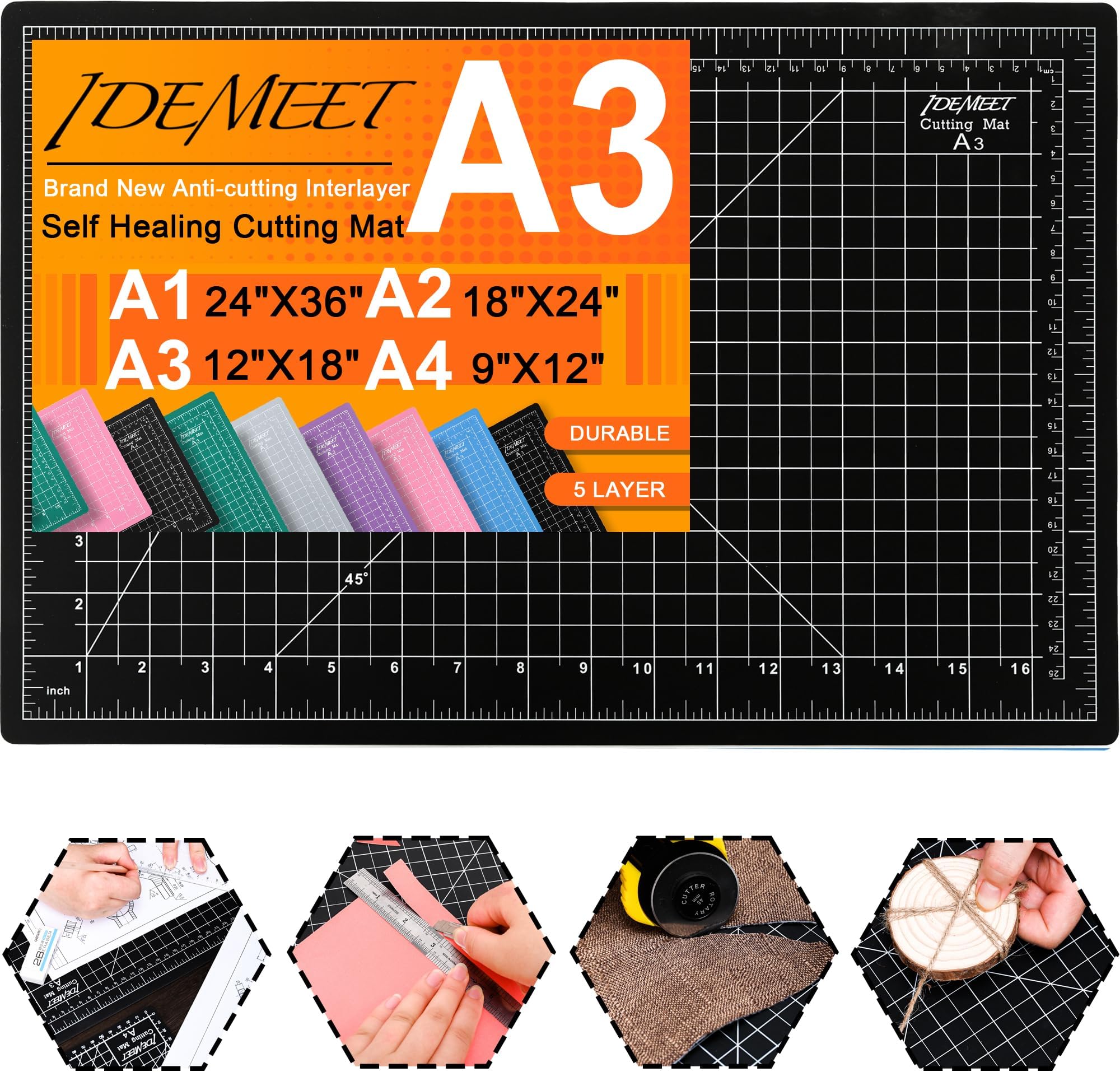 Thickened 18"x12" Self Healing Cutting Mat, Rotary Cutting Sewing Mat for Crafts, 5-Ply Blade Table Protector Cut Board for Fabric Leather Cutting Quilting Modeling Hobby Project, A3, Black