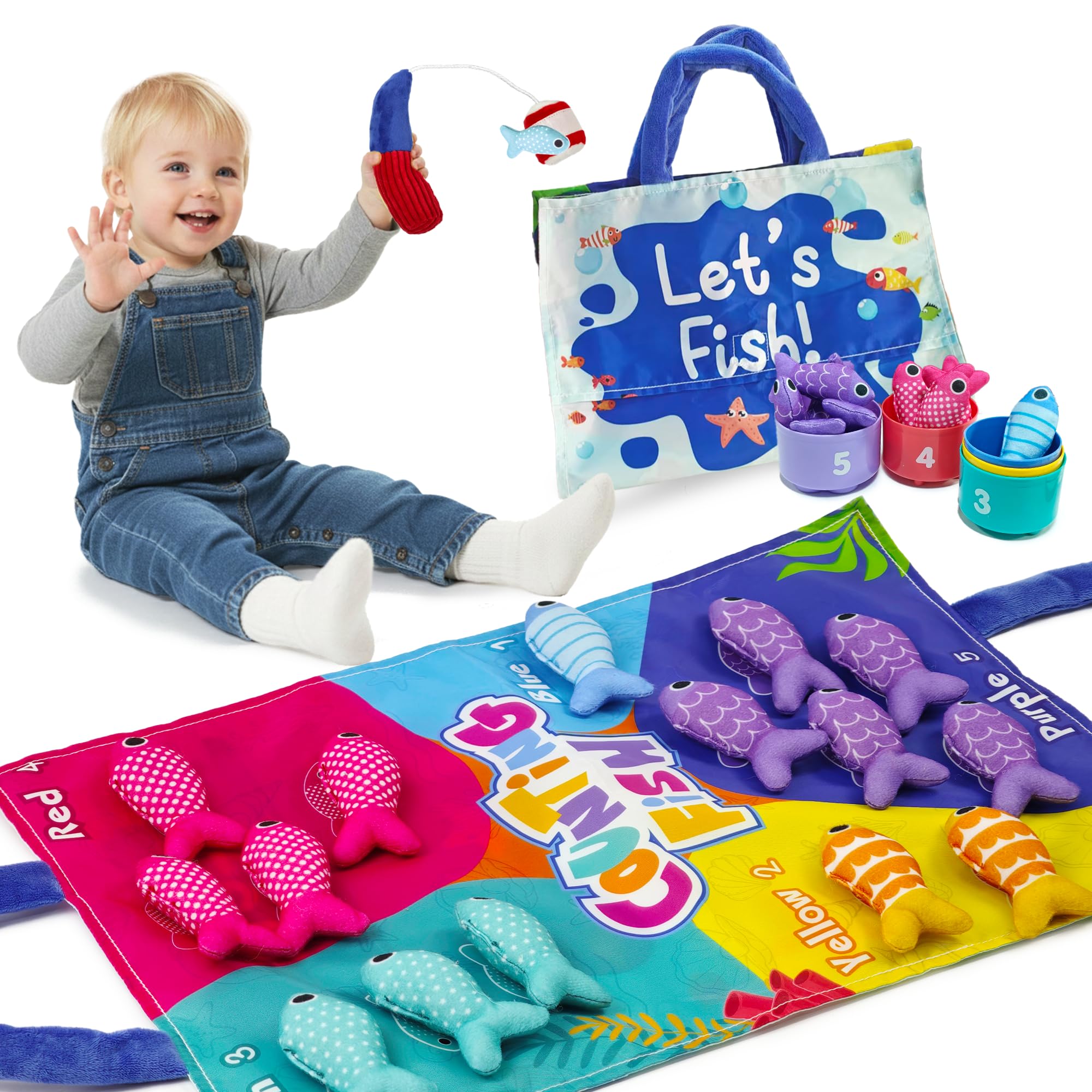 MASSRT Montessori Toys for 1 Year Old, Cloth Fishing Game for Babies 6–18 Months, Soft Learning Toy with Stacking Cups, Fine Motor Skills & Color Recognition for Boys & Girls