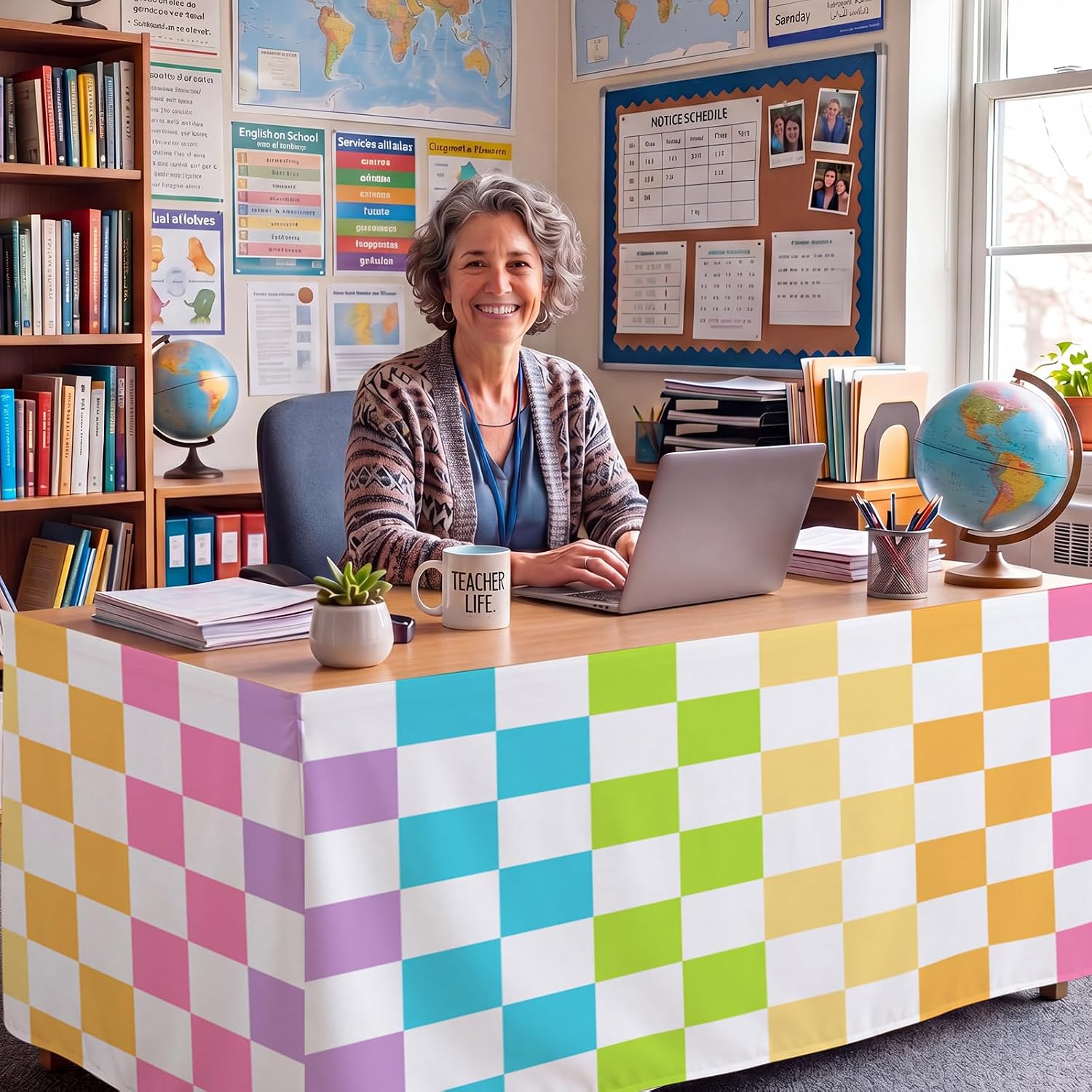 Haull 9 ft x 30 Inch Colorful Teacher Desk Skirt Checkerboard Table Skirt