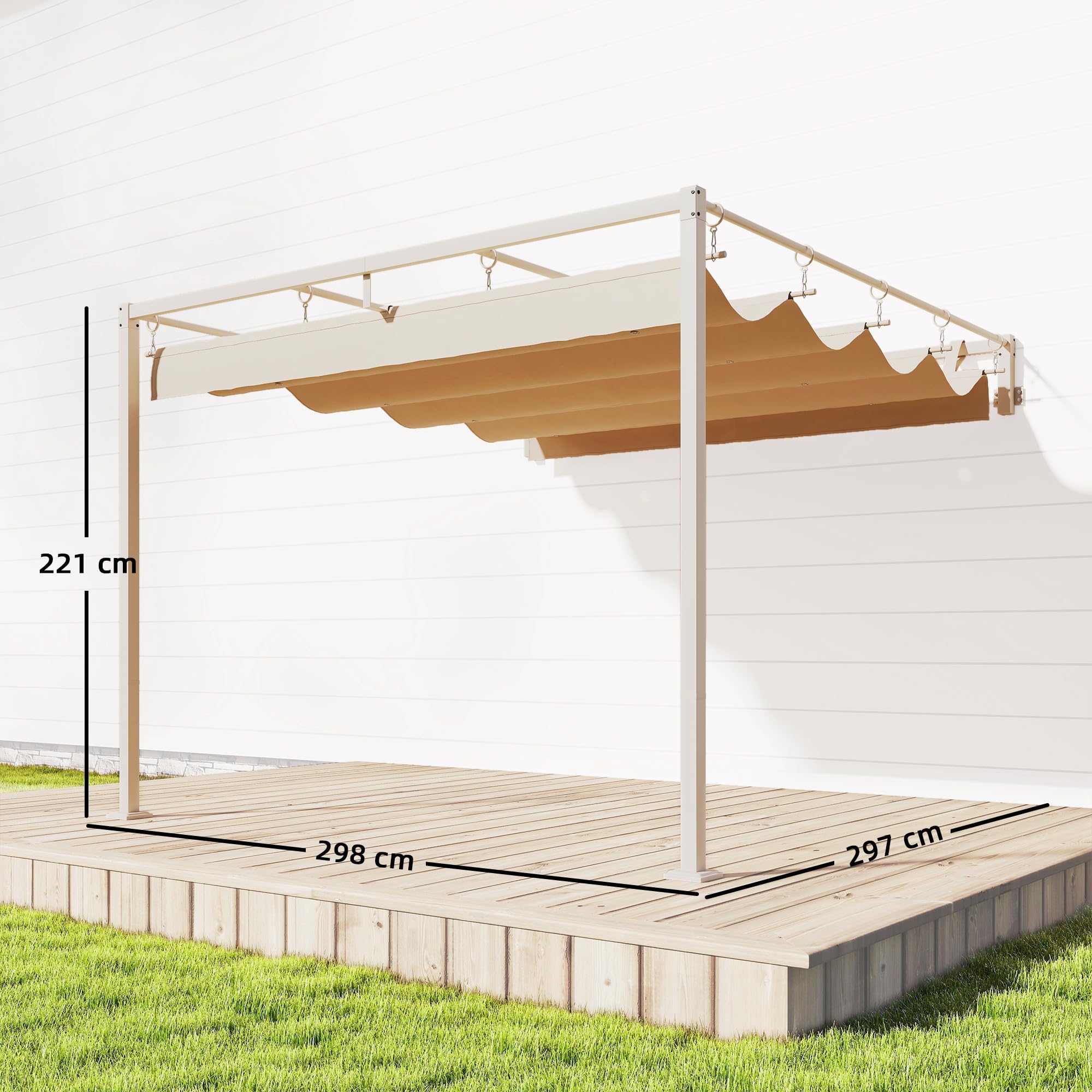 Outsunny Pérgola de Pared de Jardín 3x3 m, Cenador de Jardín con Techo Retráctil, Protección UPF30+, Orificios de Drenaje y Estructura de Acero, Pabellón para Patio, Terraza, Exterior, Beige — view 7