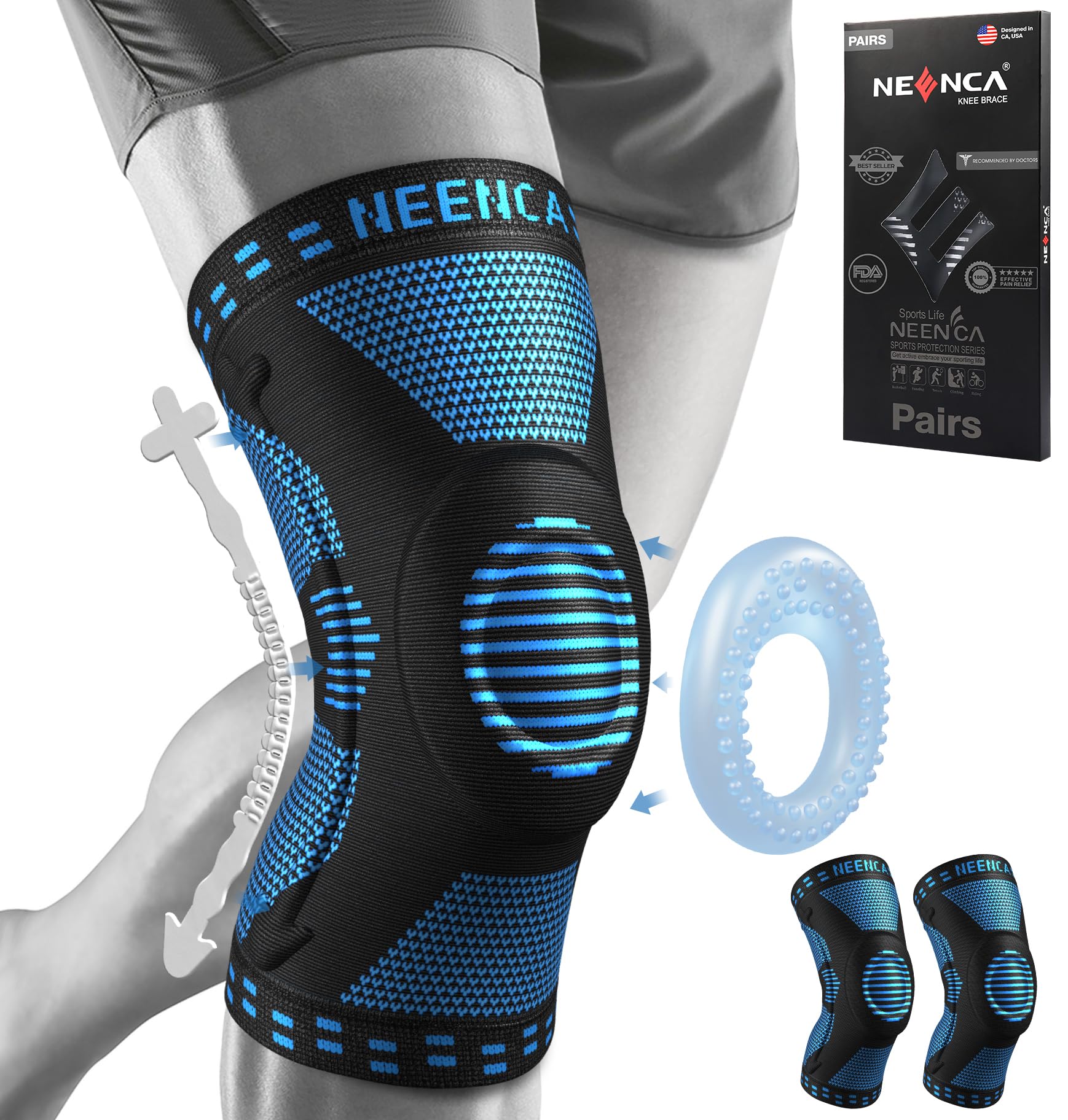 NEENCA 2 Pack Knee Braces for Knee Pain, Compression Knee Sleeves with Patella Gel Pad & Side Stabilizers, Knee Support for Meniscus Tear, Arthritis, Joint Pain, ACL, Runner, Workout