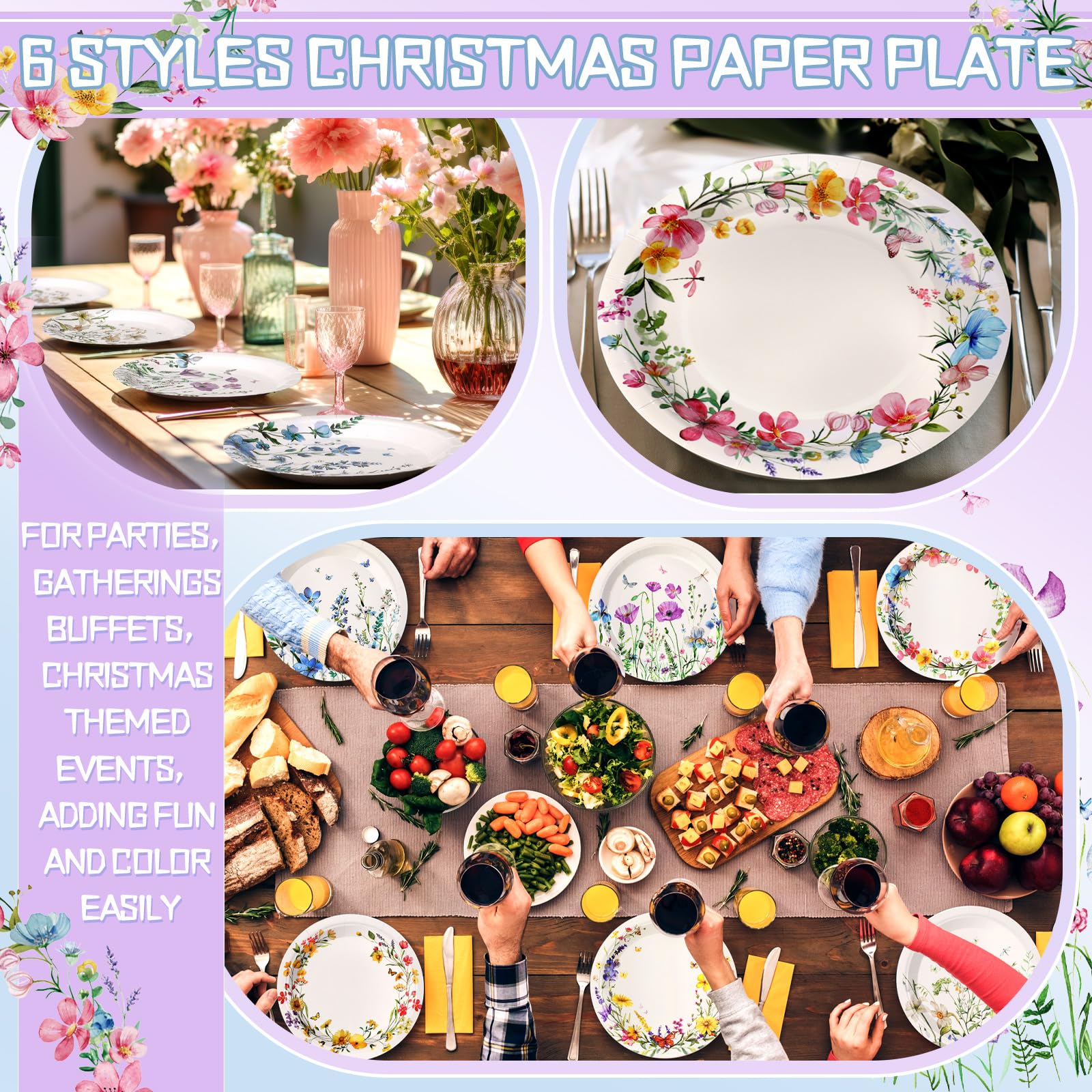 Fourluoo 96 Stück Weihnachtsblumenteller, 17,8 cm, Weihnachts-Blumen-Einwegteller, Pappteller, Weihnachts-Partygeschirr für Weihnachten, Urlaub, Geburtstag, Partyzubehör