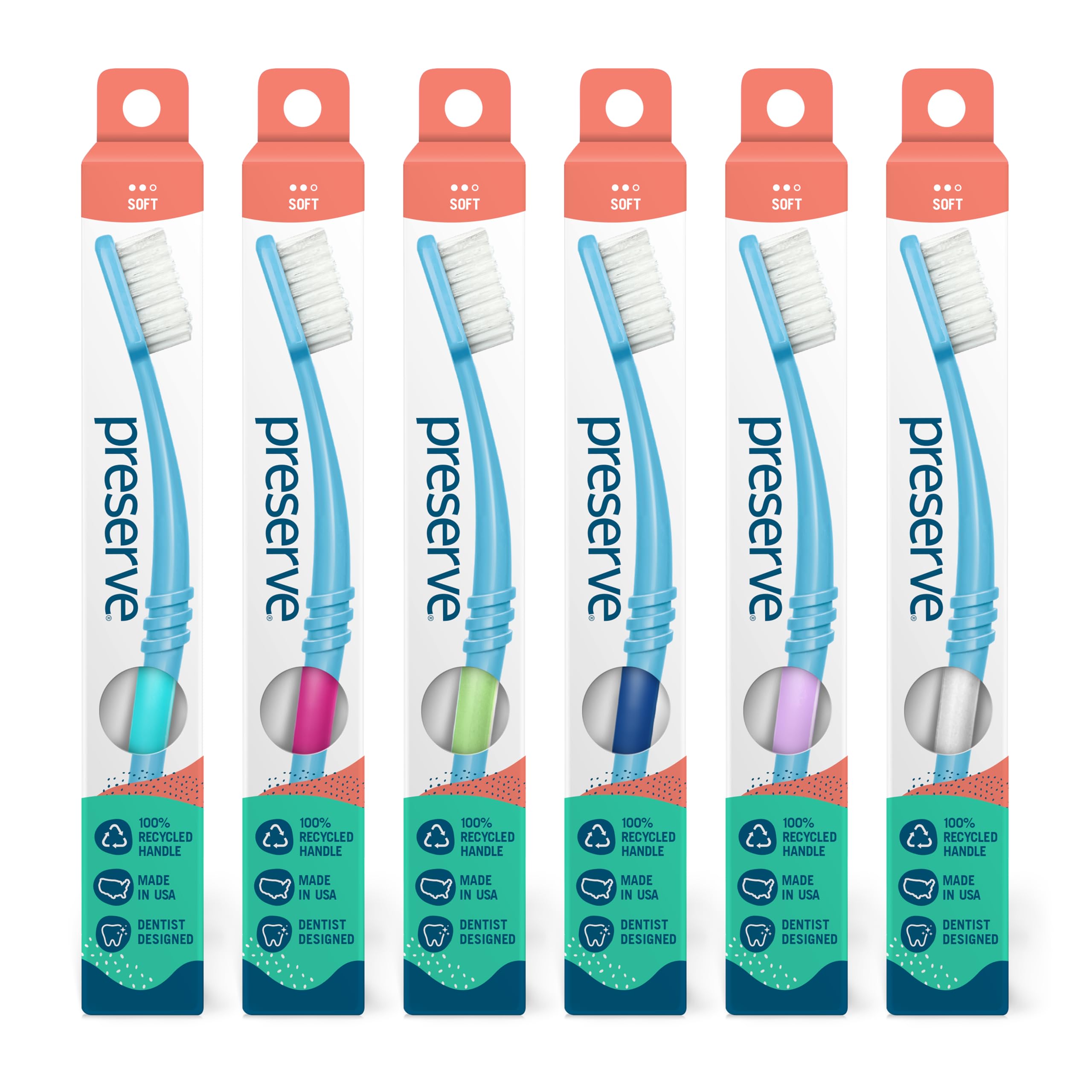 Preserve Eco Friendly Adult Toothbrushes, Made in The USA from Recycled Plastic, Soft Bristles, Paperboard Package, Colors Vary, 6 Count (Soft)