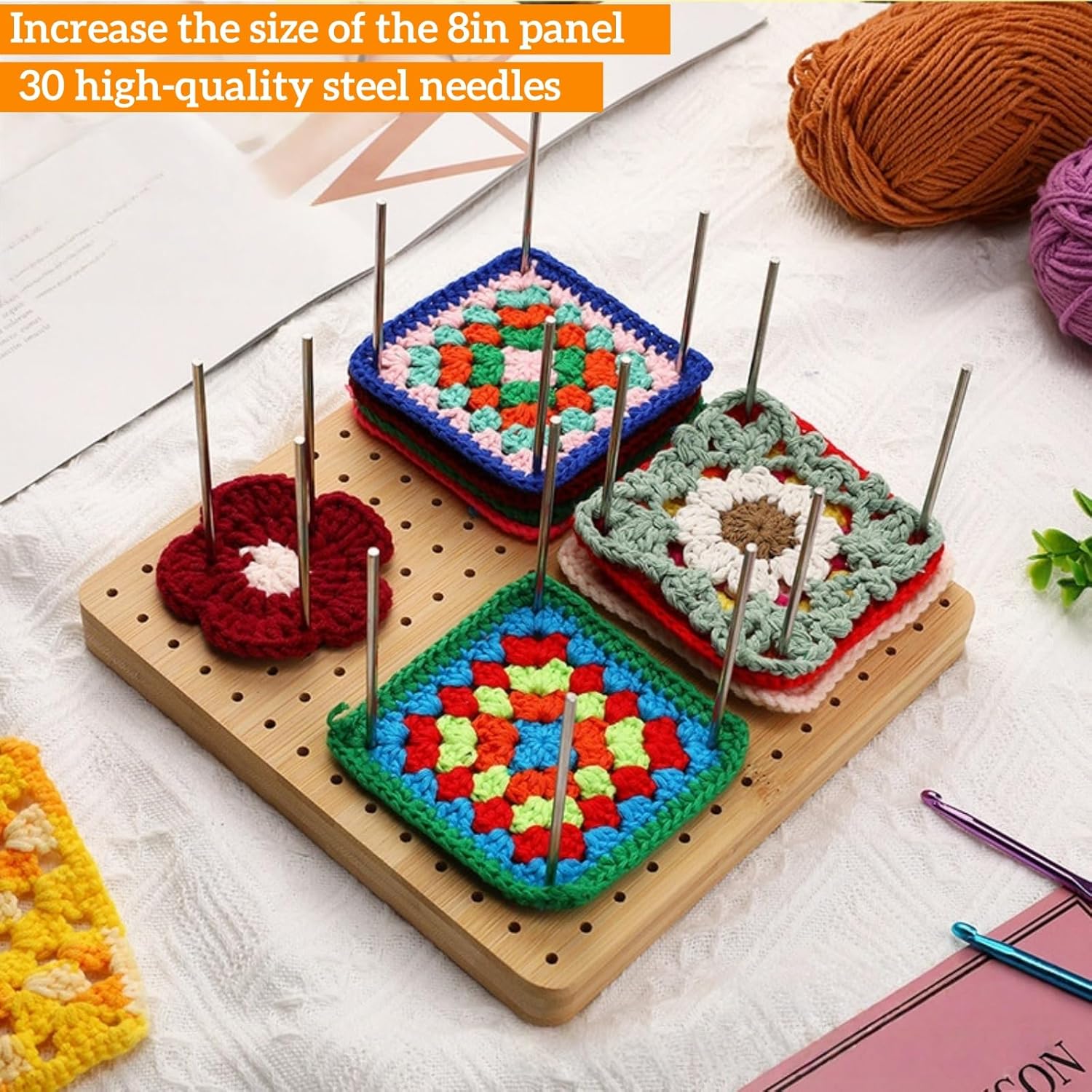Crochet Blocking Board 8 inch Suit, Wooden Crochet Blocking Board and 30 Pins, Granny Square Blocking Board, Knitting Blocking Board with Drawers,Blocking Boards for Crochet and Knitting Projects