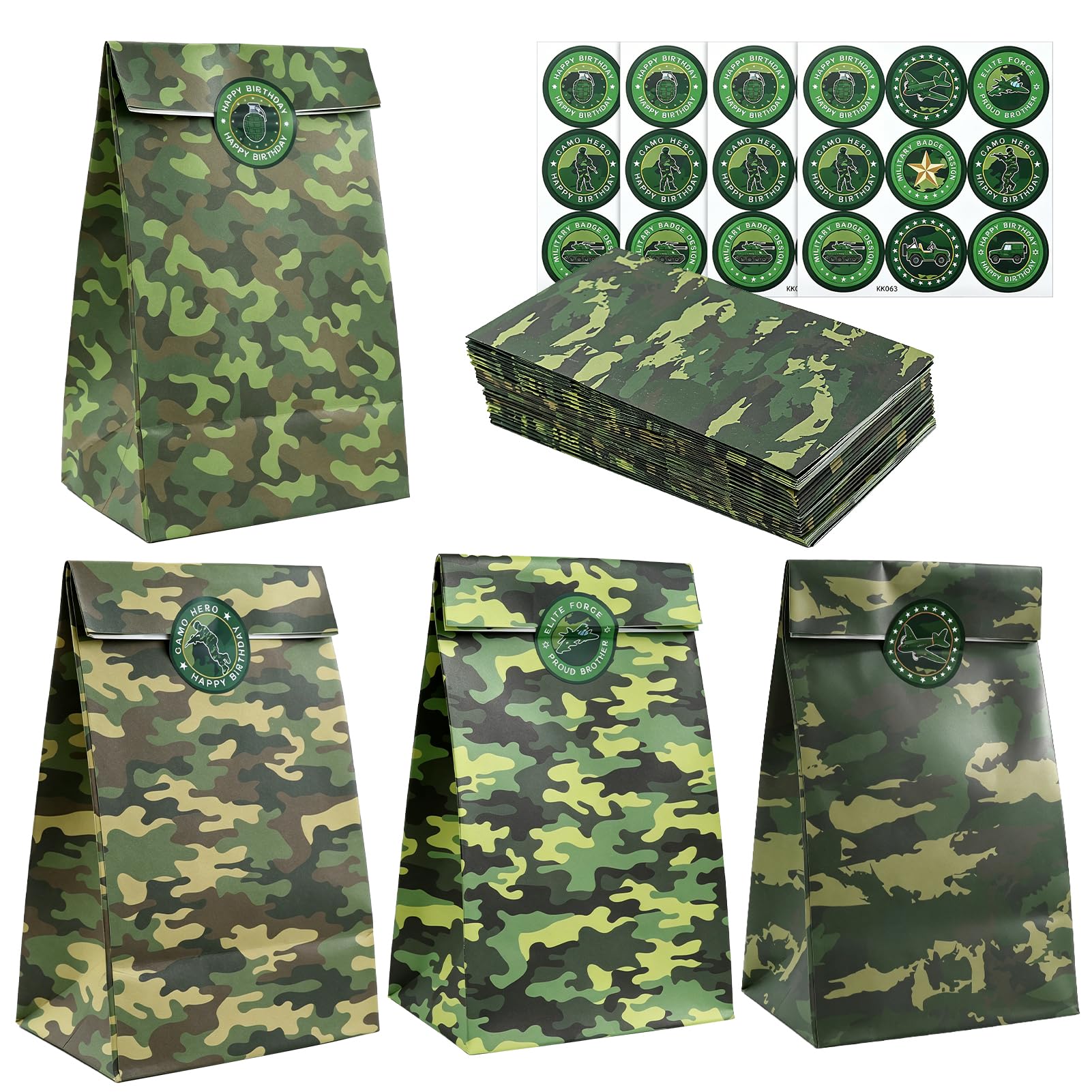 26 Pack Camouflage Gift Bags With 54 Stickers, 4 Styles Military Theme Birthday Party Candy Cookie Bags, for Boys Kids Birthday Hero/Camouflage Theme Party Favour Supplies