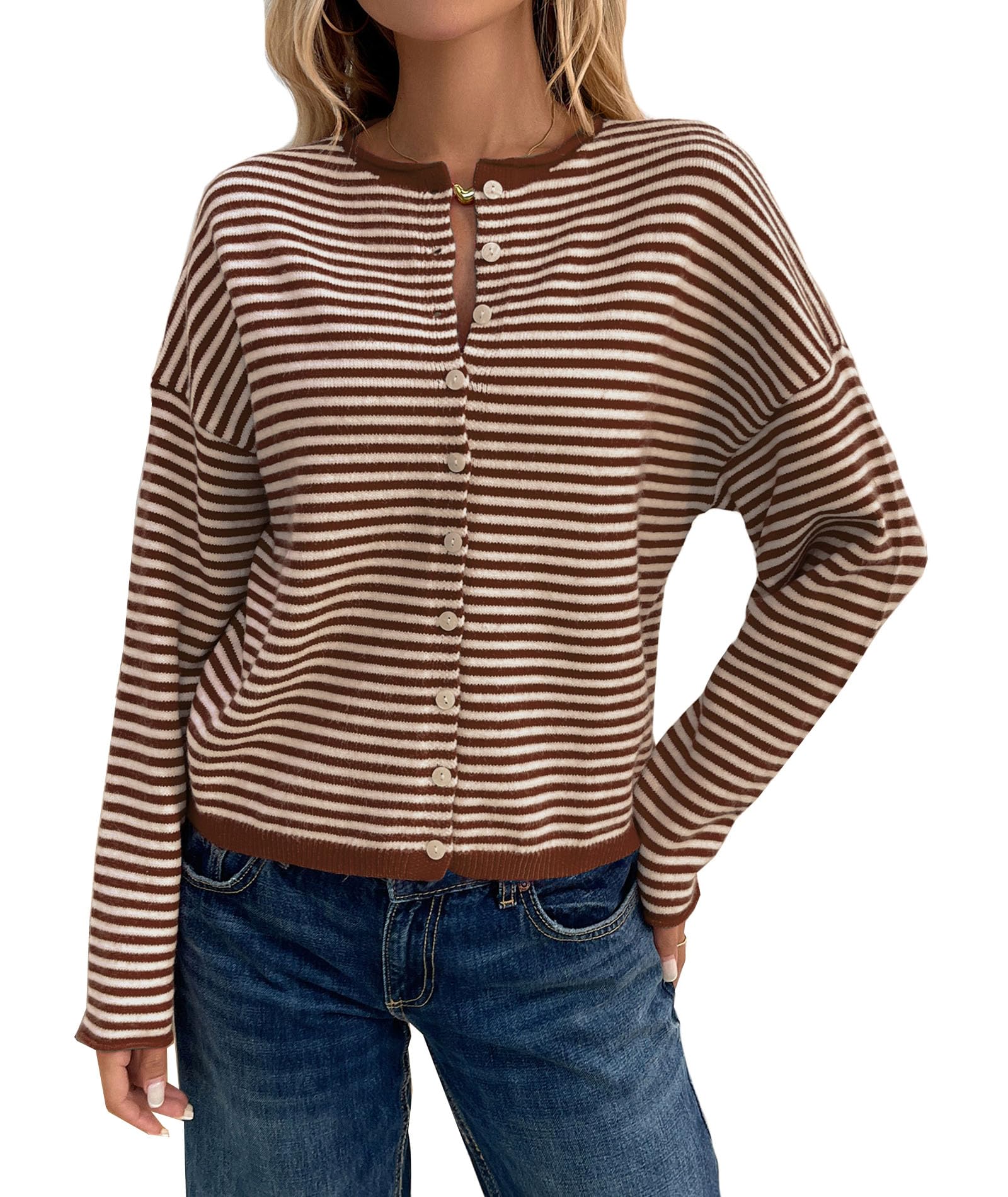 SOMTHRON Womens Cropped Striped Knit Cardigans Button Down Crewneck Loose Open Front Sweaters Outerwear