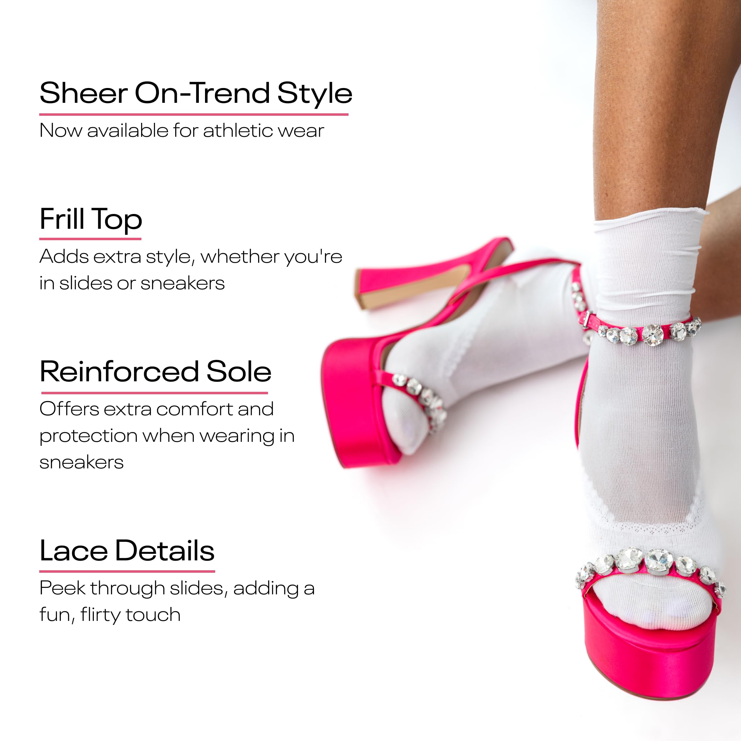 Sheer Confidence Premium Ruffle Crew Socks for Women, Athletic Gym & Performance Socks for Women, White Ruffle Socks for Casually and Workout Wearing, Womens Sport Socks, Medium / Large Size