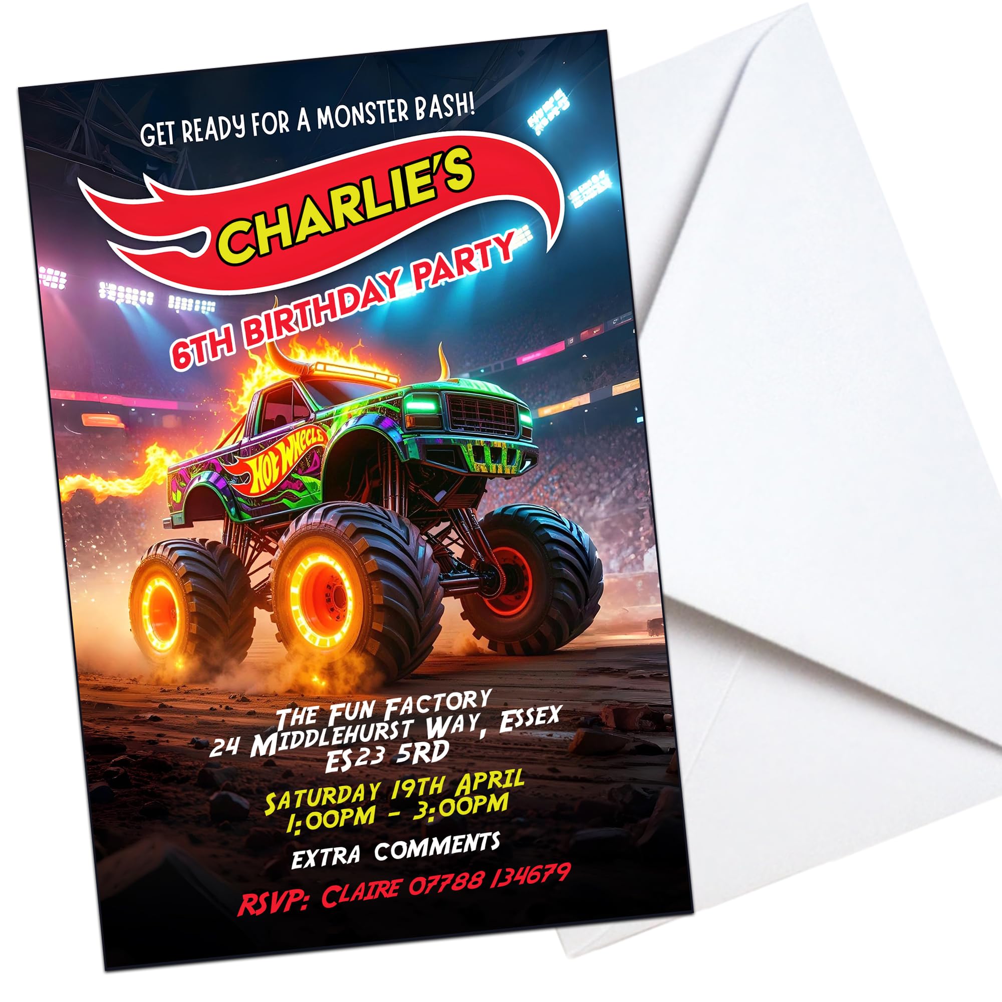 Monster Truck Wheels Personalised Party Invites Birthday Invitations & Envelopes