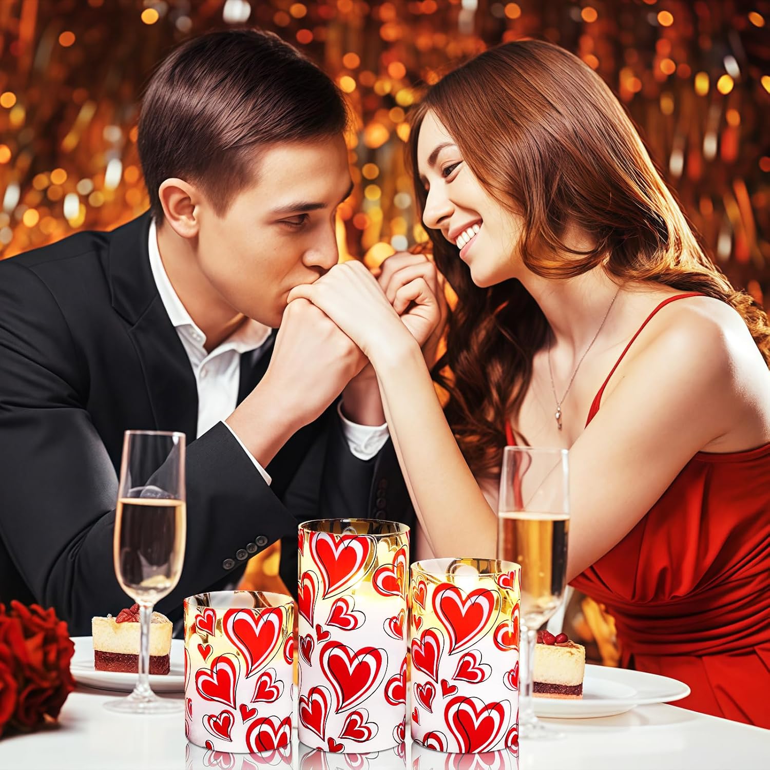 Lebaley 3PCS Valentine Flameless Candles with Remote Love Heart Pillar Candle Battery Operated LED Candles Glass Heart Shaped Valentine Candles for Wedding Anniversary Romantic Night (Style1)