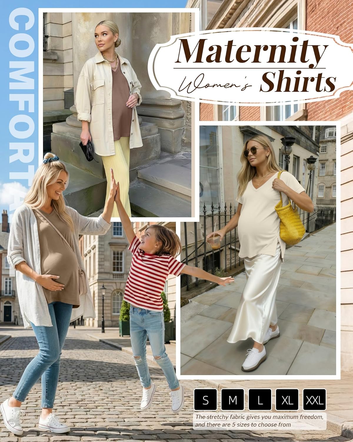 Ficerd 3 Pack Women's Maternity Shirts, Short Sleeve Cotton Pregnancy Tops Casual Split Side Tees V Neck Maternity Clothes - Image 5