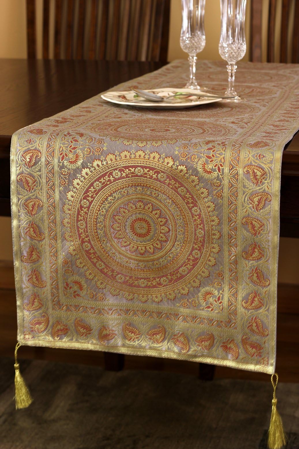 Banarsi Designs Exotic Oriental Table Runner (Golden Silver, 70" X 16")