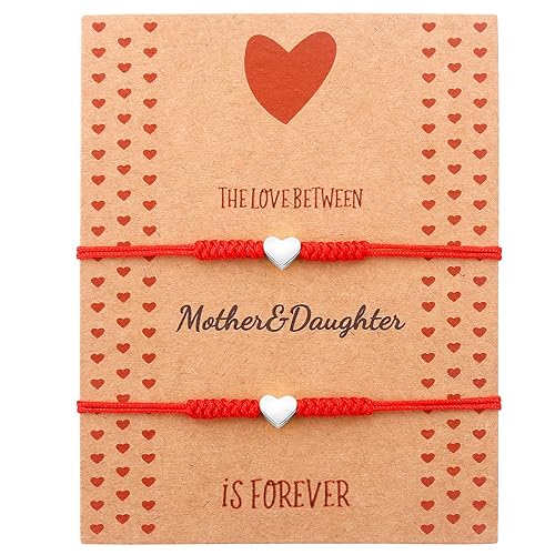 Red Thread String Mother and Daughter Matching Heart Bracelets Set of 2 Bracelet Mommy and Me Red Bracelet for Protection (Silver)