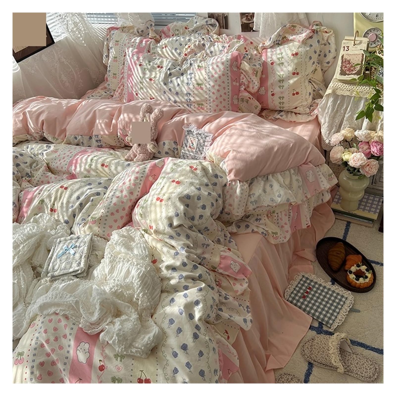 Ensemble literie haut de gamme avec housse de couette à volants floraux et drap jupe de lit 1.8m