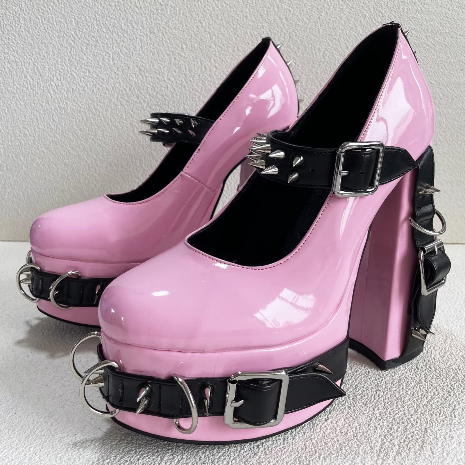 Frankie Hsu Women's Gothic Large Size Black Patent Leather Buckle Belt Ring Rivet Shinny Sexy Platform Chunky High Heels Ankle Strap Heeled Bootie Shoes: 10 Pink