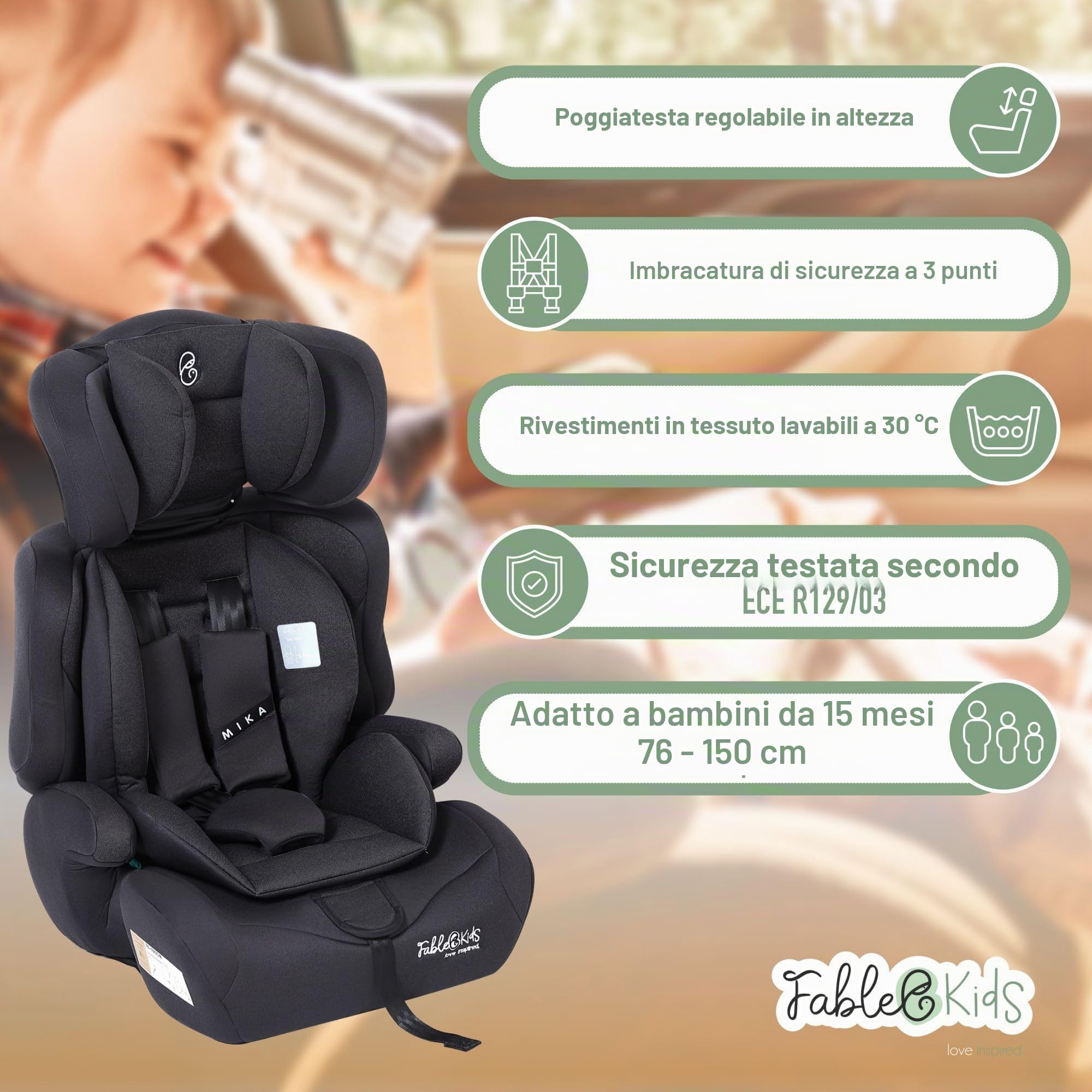 FableKids seggiolino auto per bambini | cintura di sicurezza a 3 punti | Seggiolino auto per bambini 76-150 cm | seggiolino regolabile con poggiatesta | ECE R129 | nero