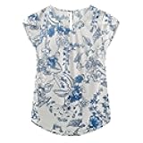 TASAMO Women's Casual Round Neck Basic Pleated Top Cap Sleeve Curved Keyhole Back Chiffon Blouse