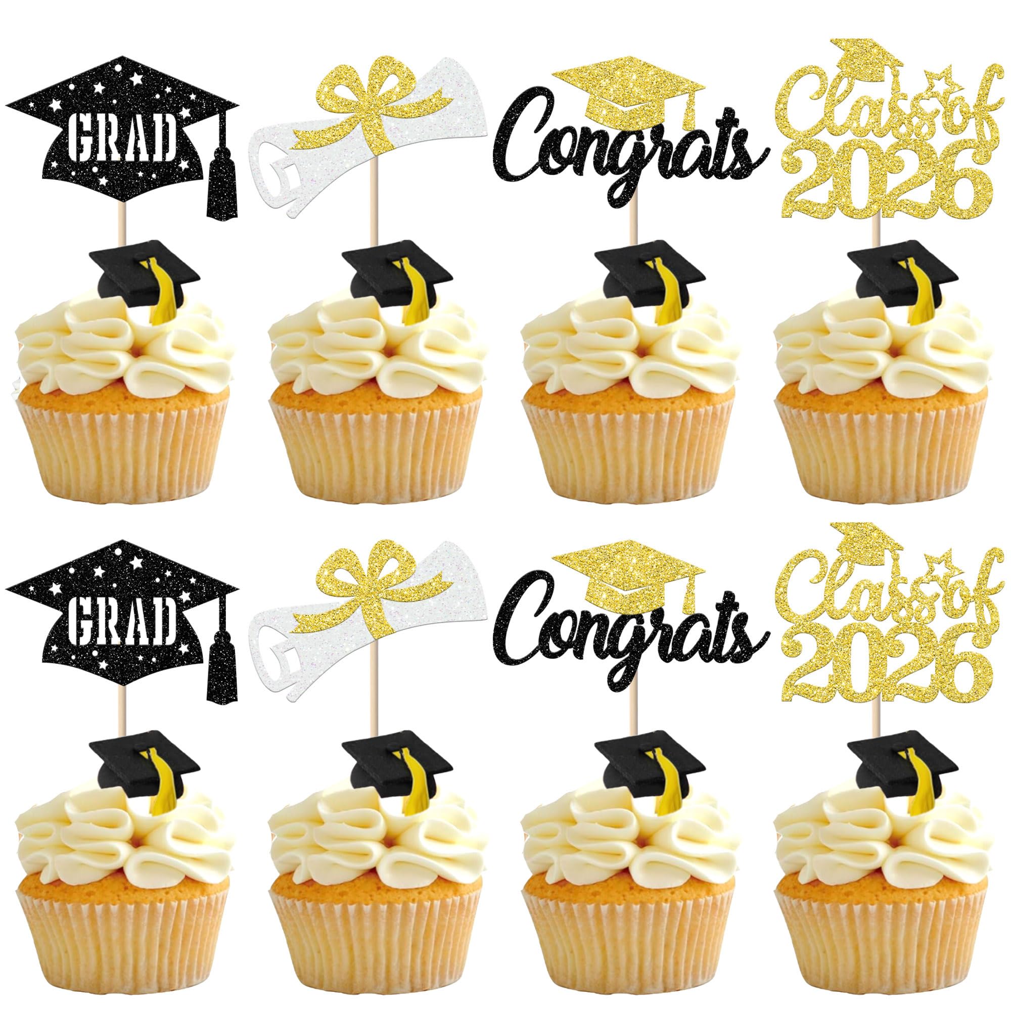 SYKYCTCY 24 Pack Class of 2026 Cupcake Toppers Glitter Diploma Congrats Grad Cap Cupcake Picks 2026 graduation Cake Decorations for 2026 Graduation Theme Party Supplies Black Gold — image 1