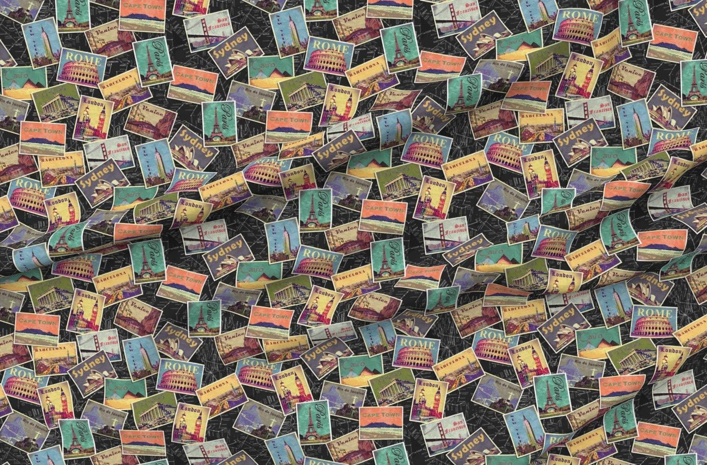 Spoonflower Fabric - World Retro Postcard Travel Vintage Trip Printed on Petal Signature Cotton Fabric by The Yard - Sewing Quilting Apparel Crafts Decor