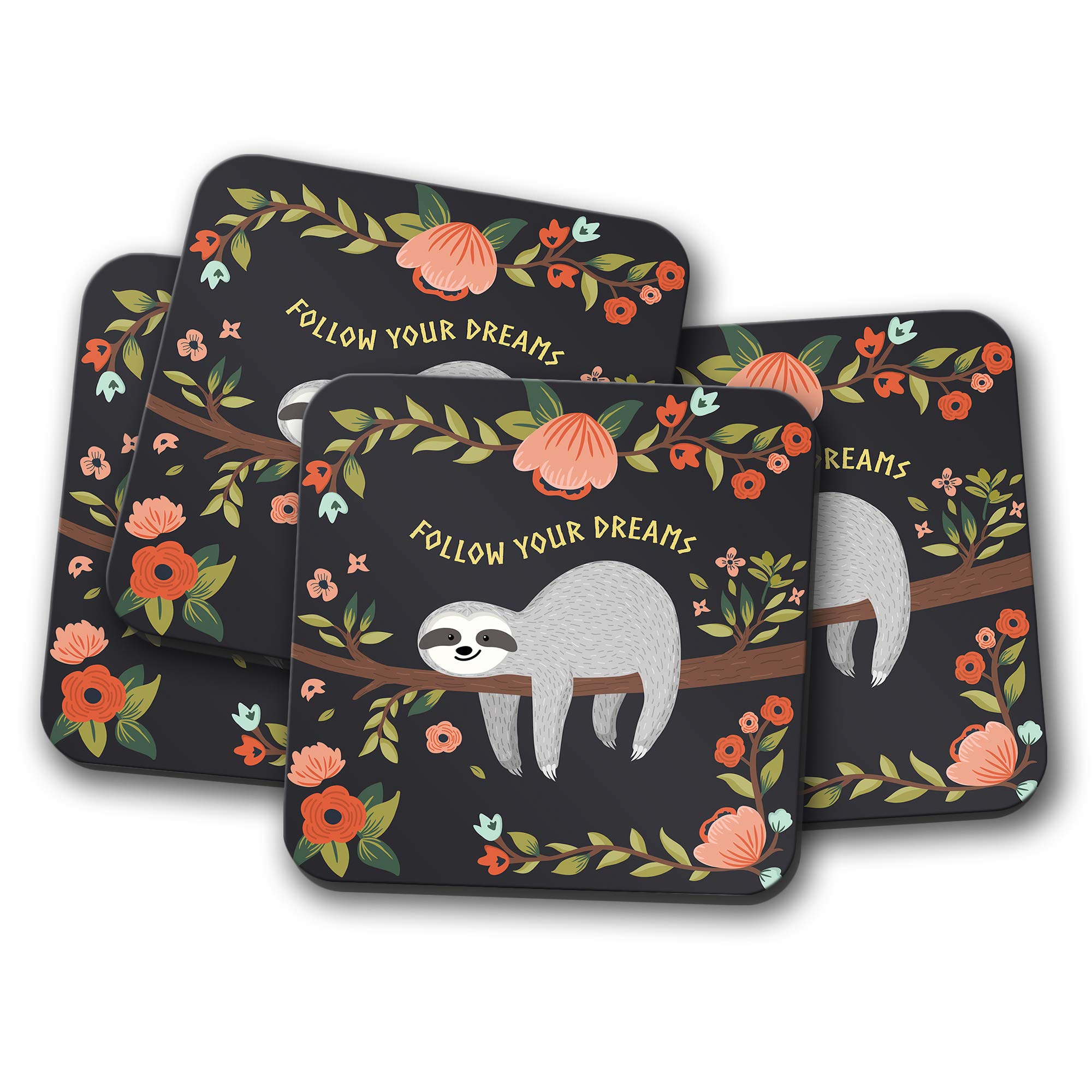 Destinationvinyl Multicolor 4 Set - Funny Lazy Sloth Coaster - Dreams Cute Flowers Mum Sister #13267