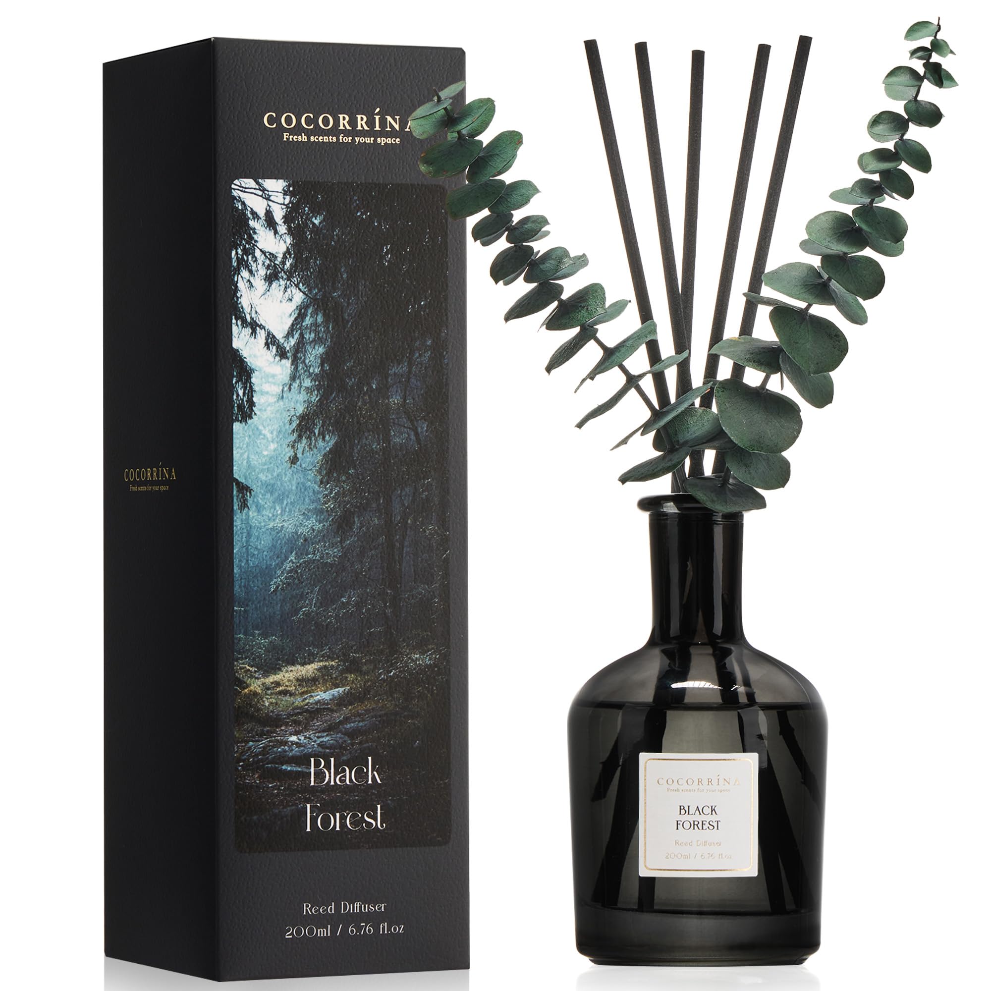 COCORRÍNA Reed Diffuser Black Forest, 200 ml Home Fragrance with 8 Reed Sticks, Long-Lasting Scented Diffuser for Living Room, Bedroom, Bathroom and Office