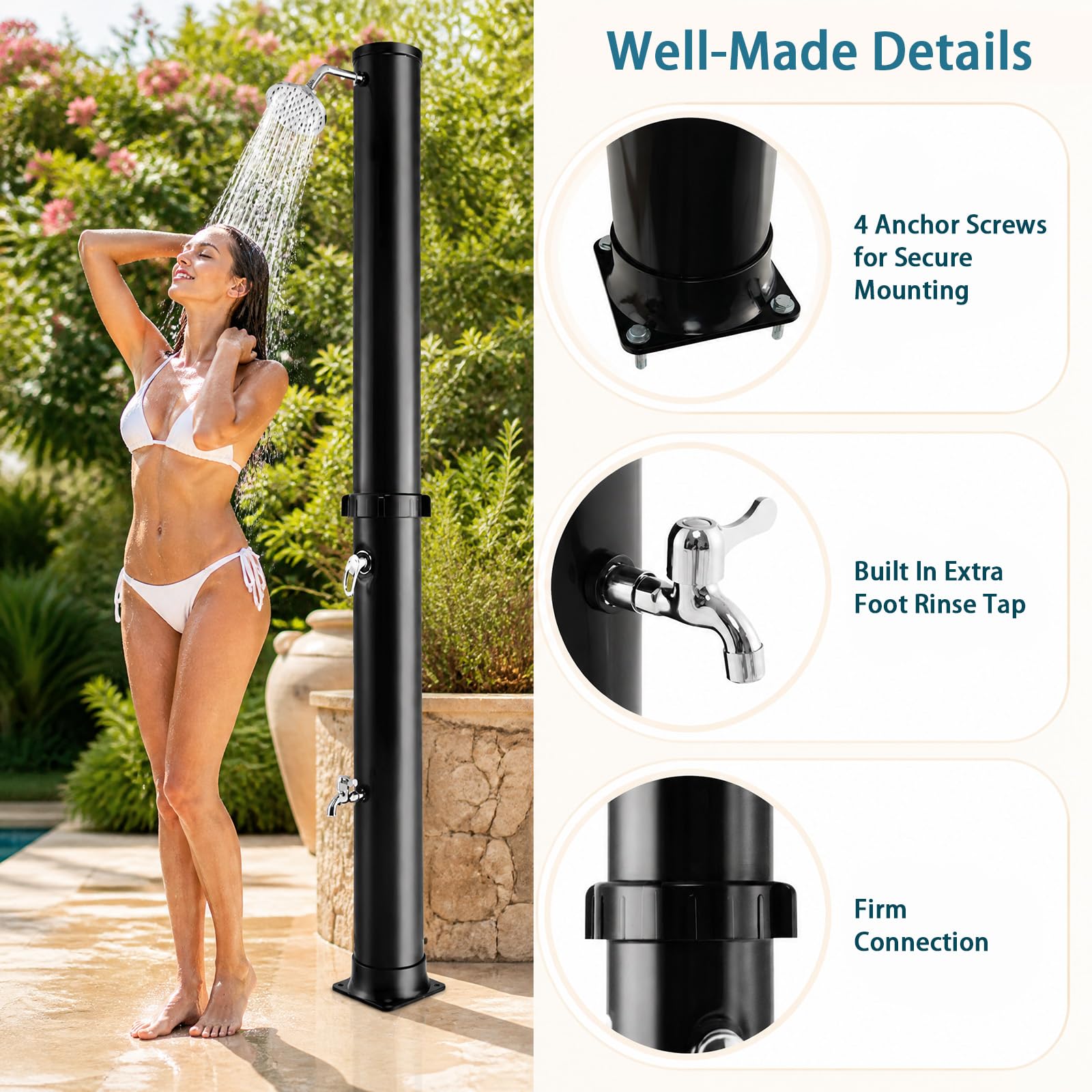 Goplus Douche d'extérieur chauffante à énergie solaire de 36 litres, douche autoportante de 2,3 m avec pommeau de douche rotatif, réglage de la température et douchette de pied, pour jardin, plage,