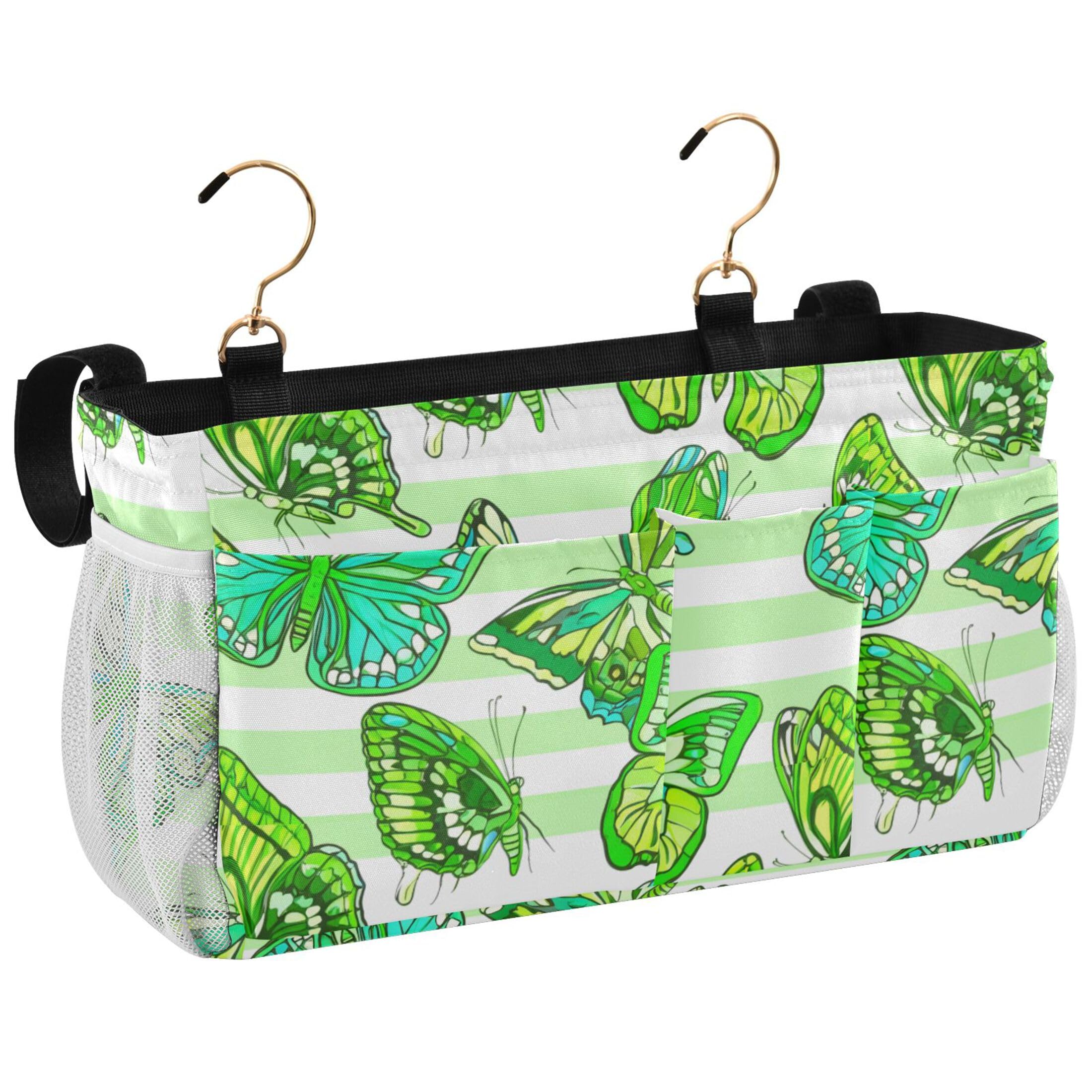 Burbuja Butterflies on Green Bedside Caddy Hanging Storage Organizer with 2 Straps and Hooks for Home College Dorm Bunk Bed Hospital Bed Crib