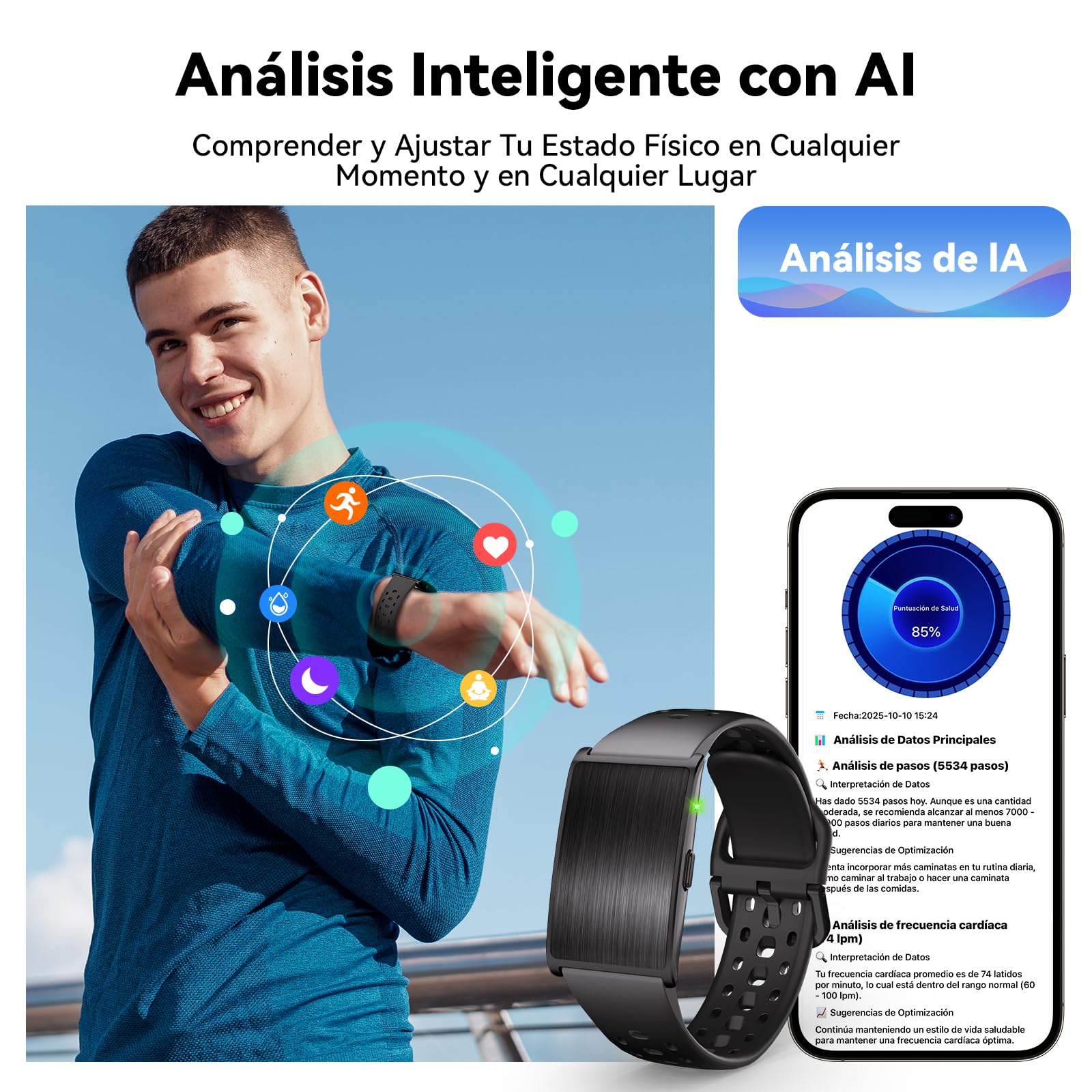 Pulsera de Actividad Inteligente sin Pantalla para Mujer y Hombre | 24/7 Monitor de Ritmo Cardíaco y Sueño con Análisis AI, 60 Días Batería, 170+ Modos Deportivos, Sin Suscripción