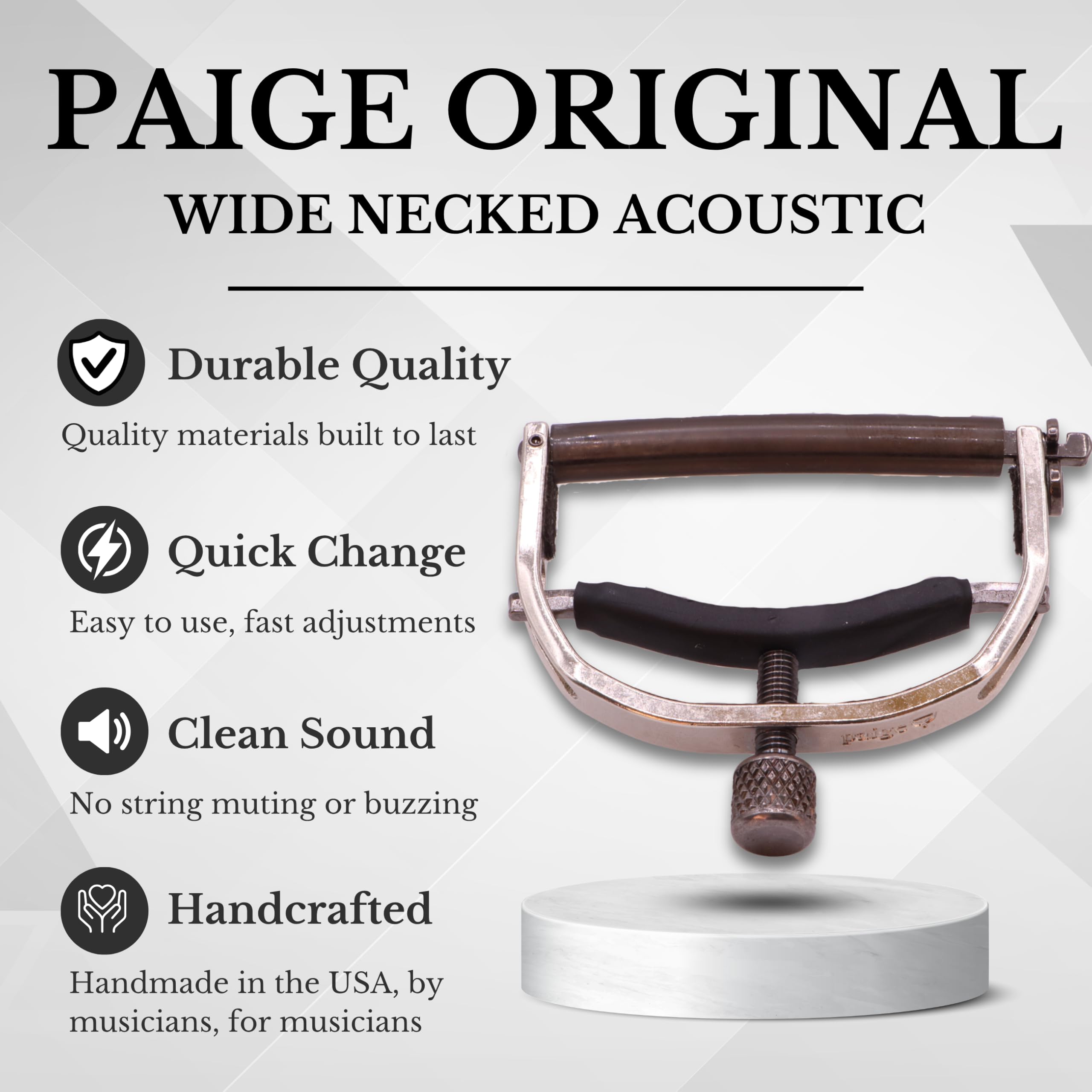 Paige Weithals-Kapodaster für Akustikgitarre, 6 Saiten, verstellbare Spannung, summfrei, satiniertes Nickel-Finish