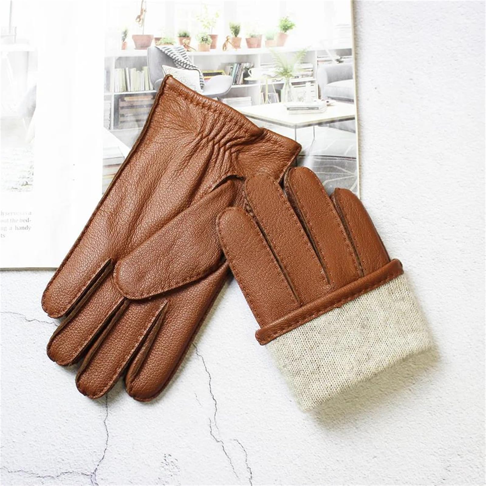 Guantes de piel de ciervo auténtica para hombre, con forro de lana, cálidos, térmicos, para conducir, motociclismo, a la moda