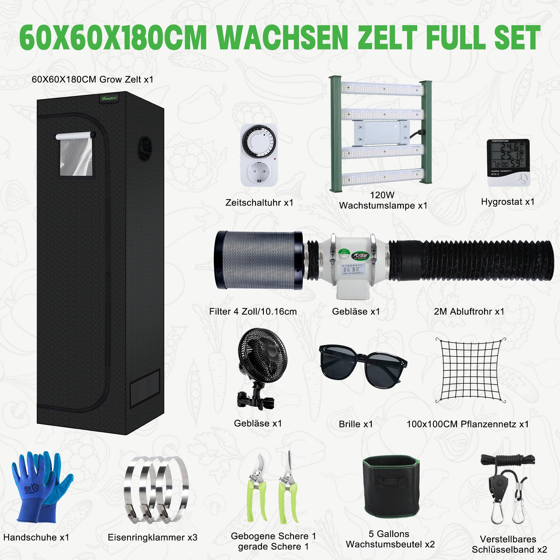 Grow Box Kit Completo, Tenda da Crescita, Luce per Piante da 120W, Kit Completo di Tenda idroponica 600D con Sistema di Ventilazione, con Termoigrometro e Timer(60x60x180CM-4Z)