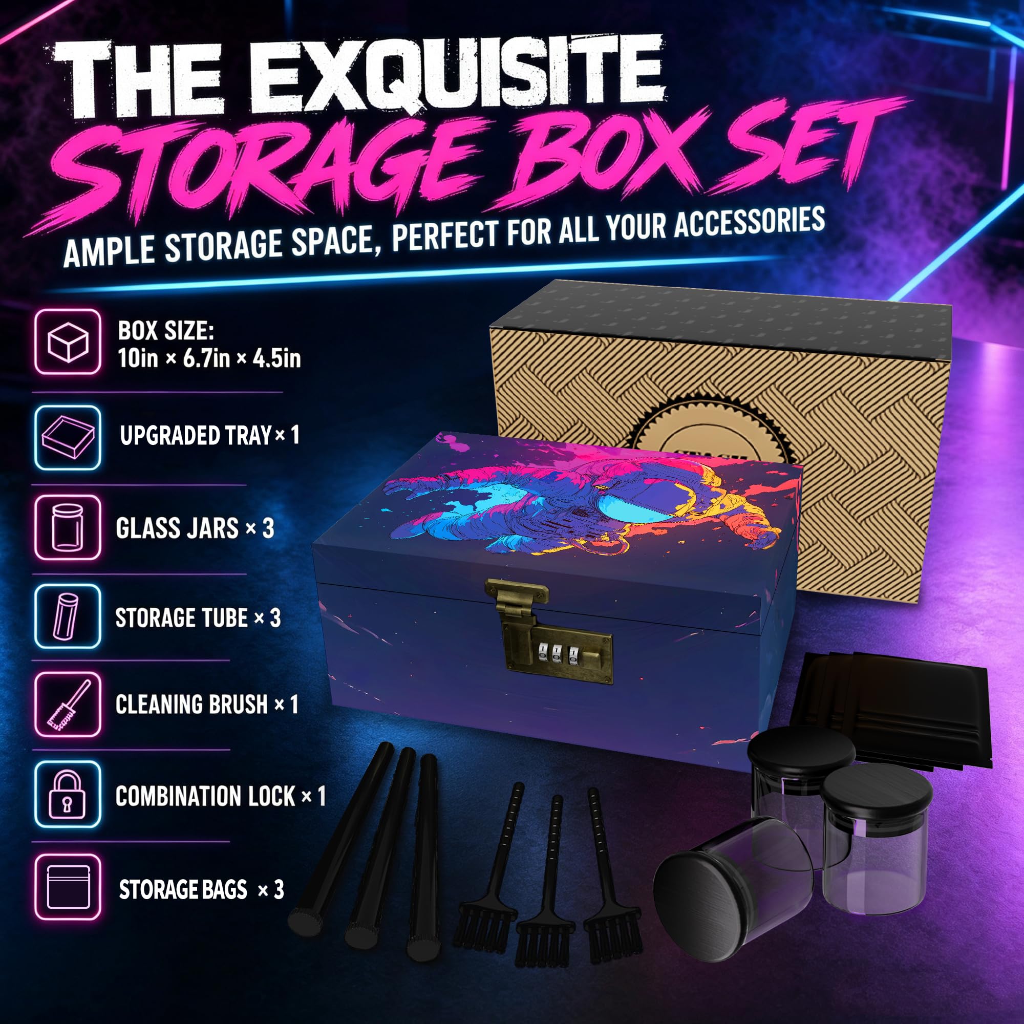 Große Bambusbox mit Zahlenschloss,Dekorative Aufbewahrungskiste aus Holz für Zuhause,Stash Storage Lock Box mit 3 Gläser,Verschließbare Souvenirbox zur Aufbewahrung Holzkiste mit Zubehör(Astronauten)