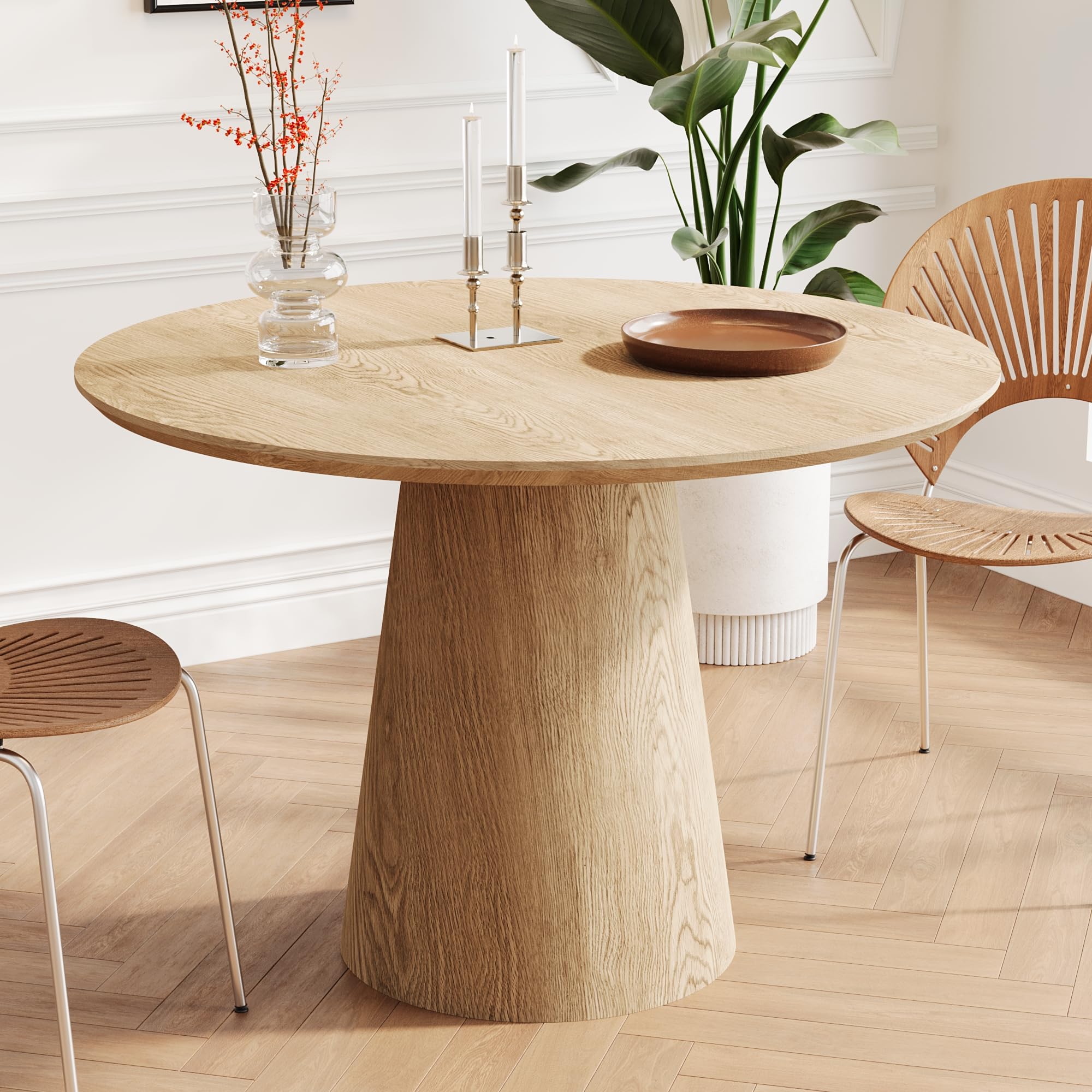 WILLIAMSPACE 43" Round Dining Table for 4, Modern Natural Wood Grain Dining Table with Cone Wood Pedestal Base, Circle Dining Room Table Circular Farmhouse Table for Living Room (Oak)