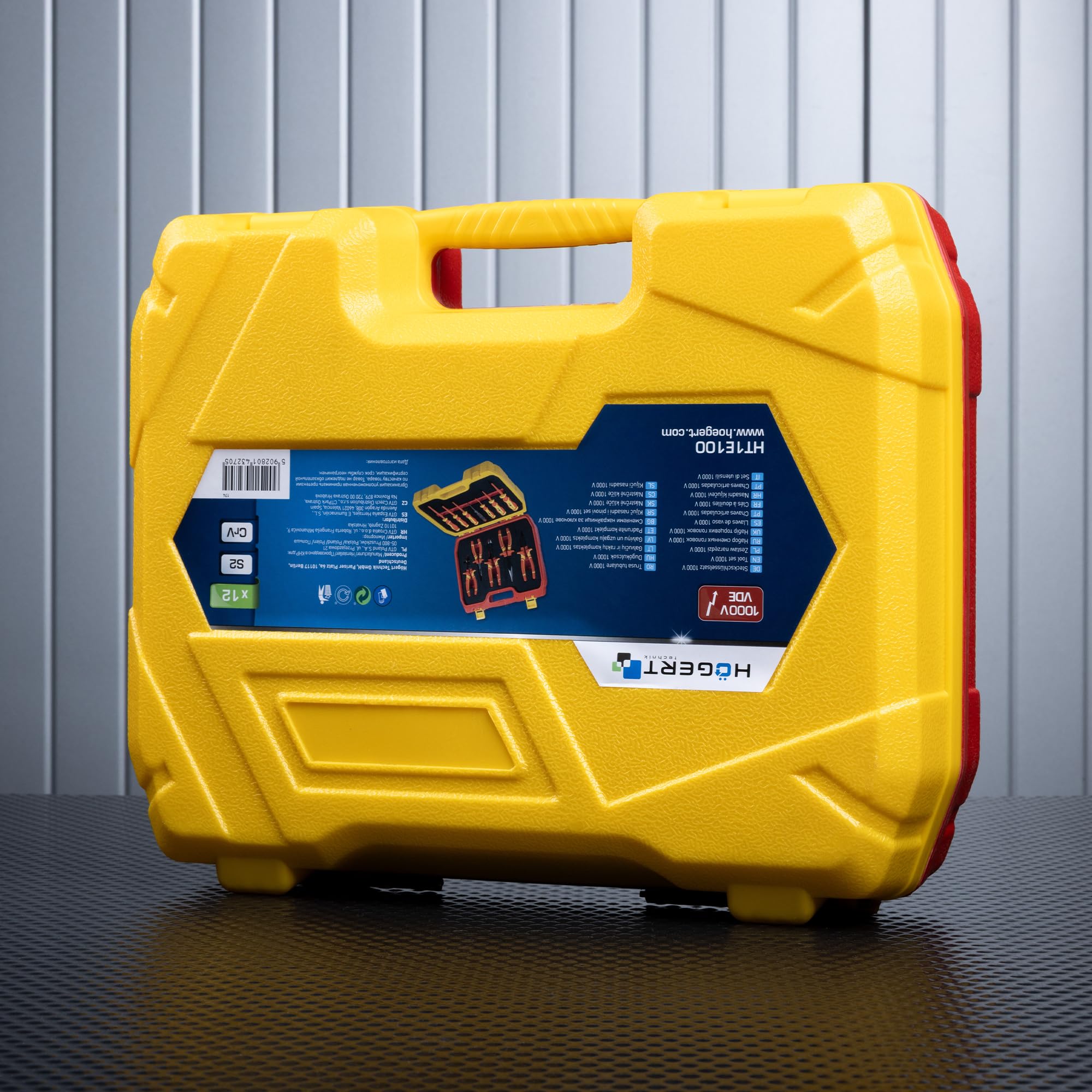 HÖGERT TECHNIK Juego de 12 herramientas para electricistas: destornillador manual aislado de 1000V, destornilladores planos y de estrella, comprobador de tensión, maletín de plástico para herramientas