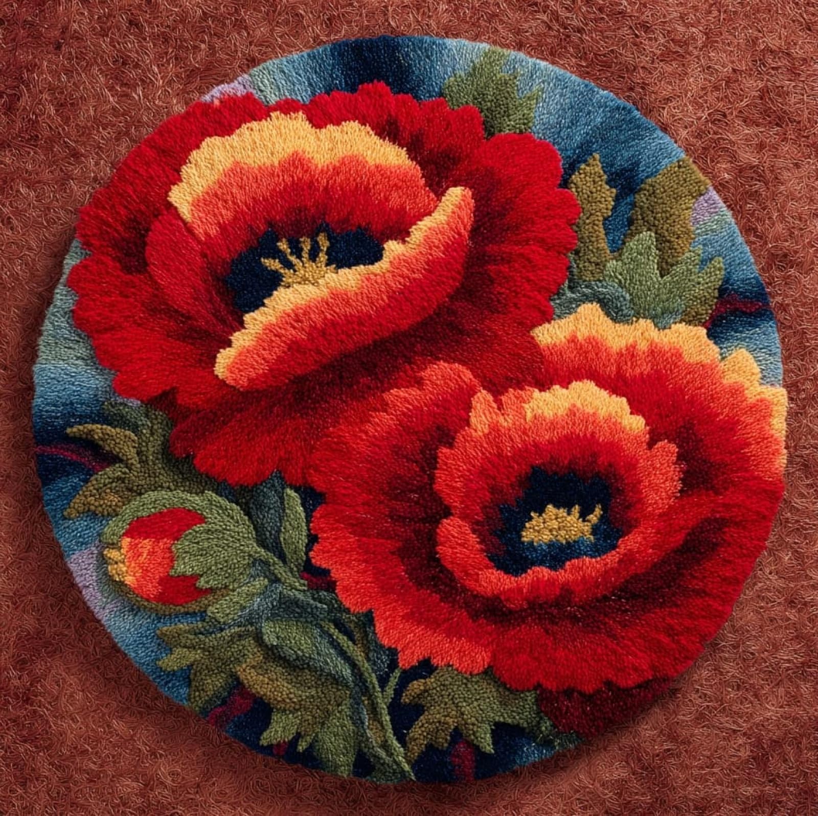 WallustrioaW Latch Hook Rug Kits for Adults,Beautiful Poppy,Crochet Kits for Beginners,DIY Cross Stitch Cushion Craft with Yarn and Crochet Hook,50x50cm