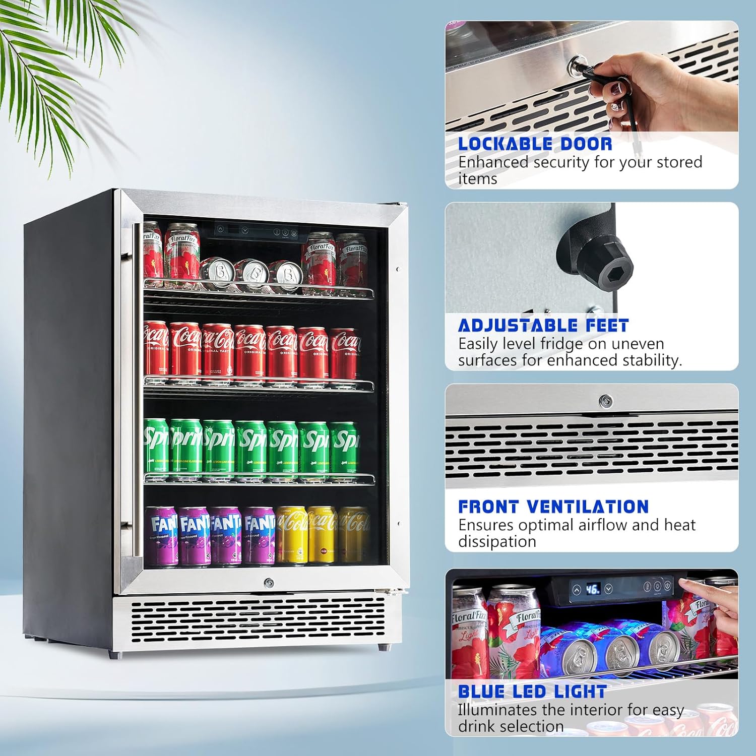 Jocisland 24 Inch Beverage Refrigerator, Built-In or Freestanding Fridge with Glass Door, LED Touch Control, Adjustable Shelves, Holds 207 Cans, Under Counter Beer & Wine Cooler, 34–64℉