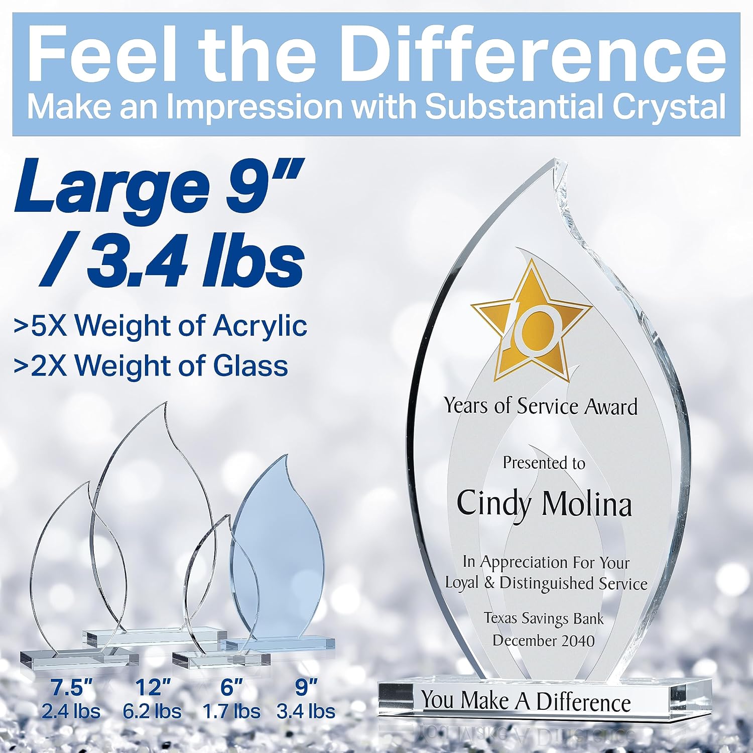 Personalized Crystal Flame Employee Service Recognition Award Plaque for Male or Female, Customized with Employee & Company Name, Years of Service, Unique Corporate Service Award Trophy (M - 7.5")