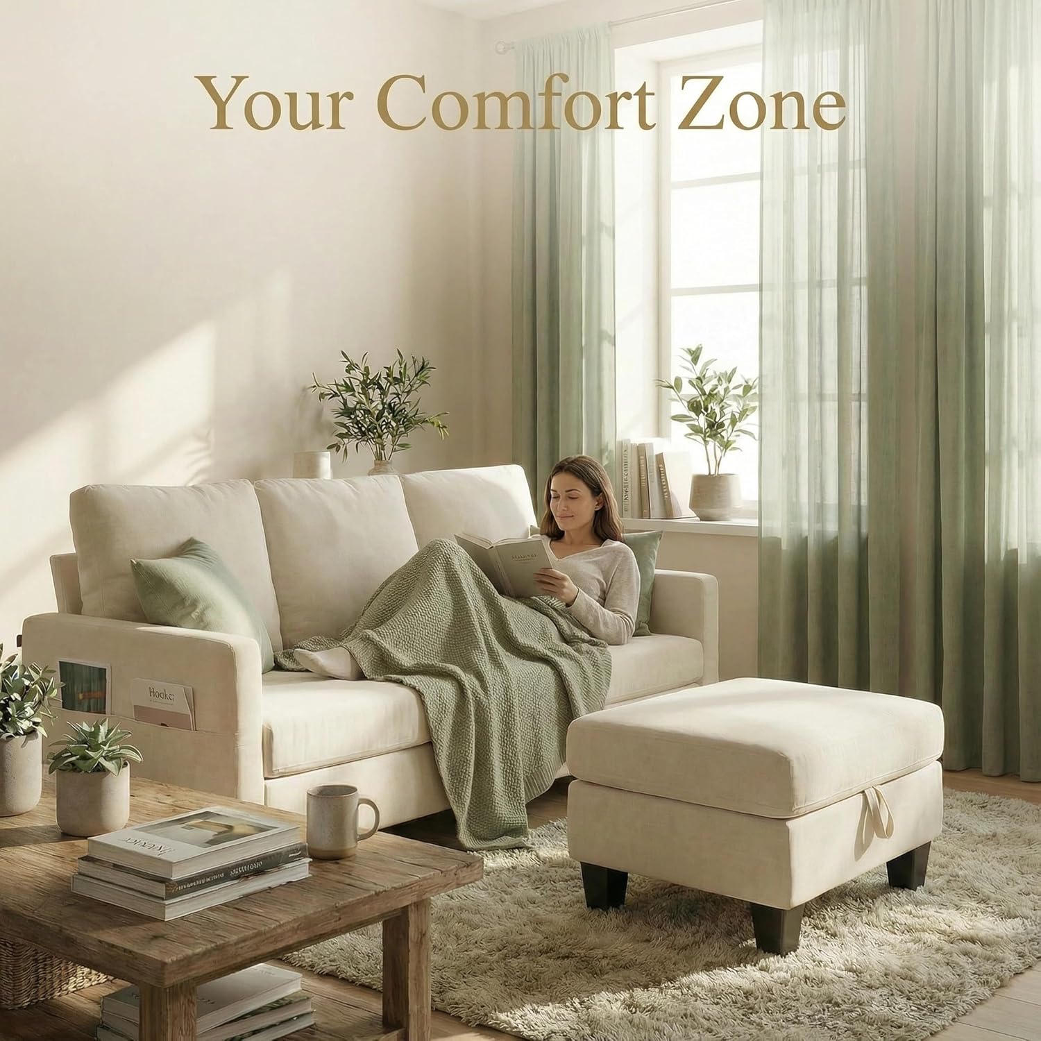 Furnimart Modern Small 3-Seater Sofa Set with Storage Ottoman, Compact Couch for Small Space, Chenille Fabric, Solid Wood Frame, Side Pocket & Storage Footstool, Living Room, Apartment(Beige)