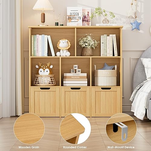 Miniatura 5 de FOTOSOK Organizador de almacenamiento de juguetes con 3 cajones móviles, armario de almacenamiento de piso con ruedas ocultas y 5 cubos de