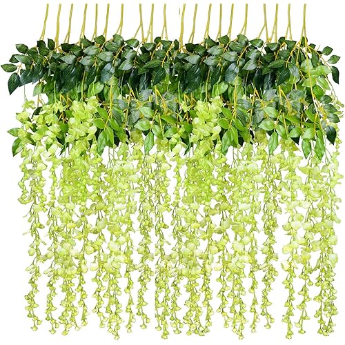 12 Pack 1 Piece 3.6 Feet Artificial Fake Wisteria Vine Ratta Hanging Garland Silk Flowers String Home Party Wedding Decor (Green)