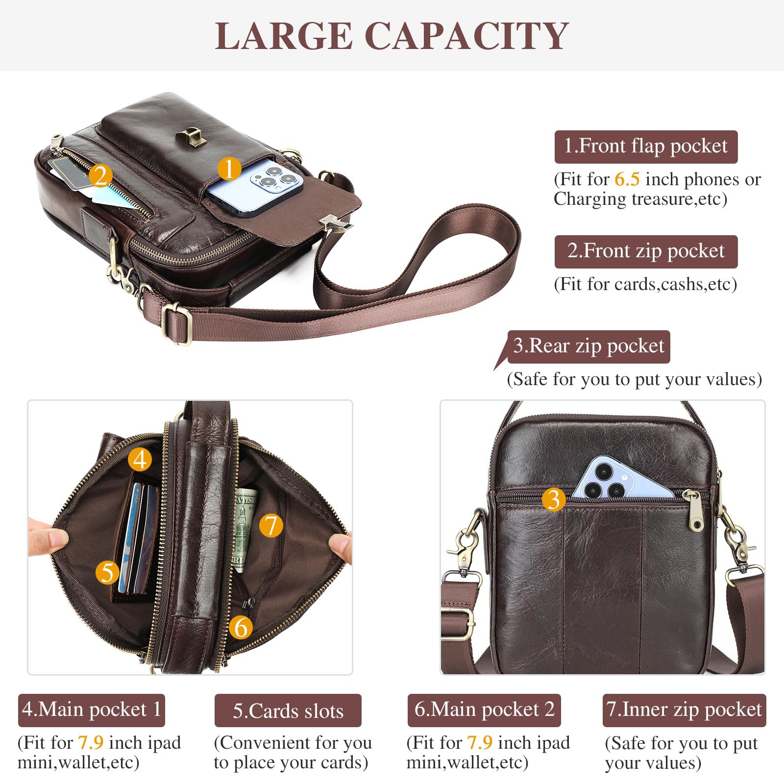 BAIGIO Bolso Hombre Bandolera de Piel Bolso Mano Hombre Vintage Bolso Hombre Pequeño Bolso de Hombro Bolso de Cartera para Negocios, Trabajo, Viaje, Vida Cotidiana
