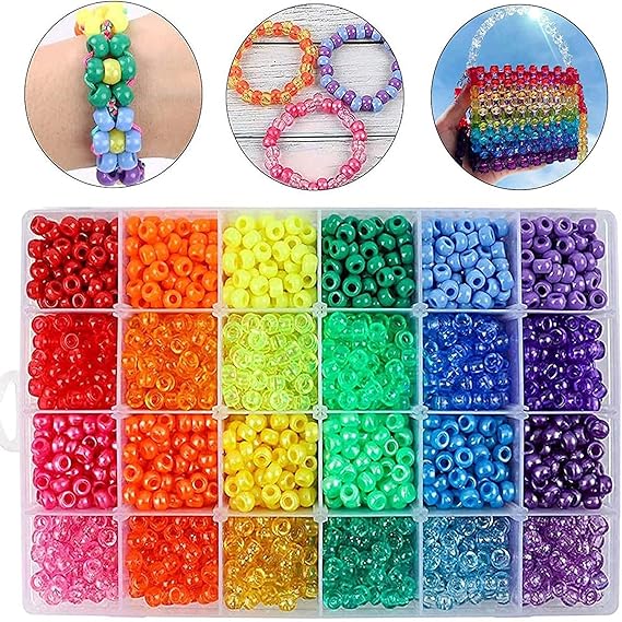 Quefe 2880pcs Pony Beads Kit Rainbow Beads Plastic Bead for Craft 6 x 9mm 24 Colors 4 Styles