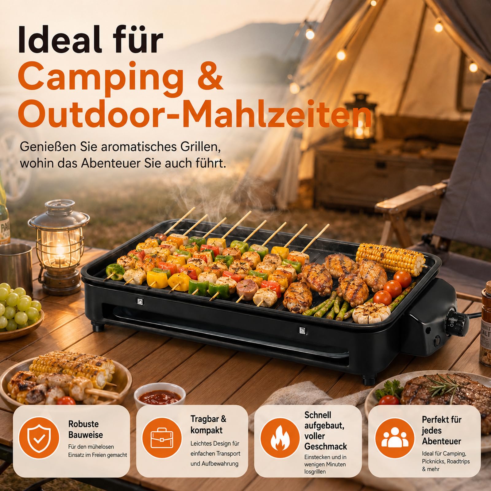 Barbacoa de mesa eléctrica con plancha 2 en 1, gran superficie de parrilla para interior y exterior, 1500 W, 5 niveles de calor ajustables, parrilla eléctrica con plancha para balcón y cocina, fácil