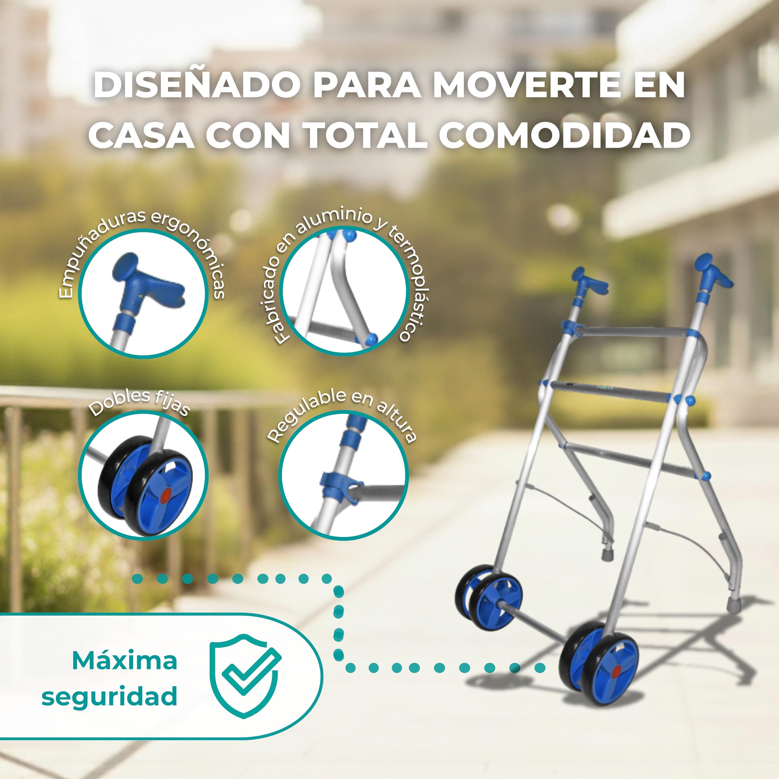 Forta AIR - Andador para Personas Mayores - Andador Plegable y Ligero soporta hasta 100 kg - Regulable en Altura - Andador de Fácil Plegado para Interior - Ruedas Dobles Delanteras (Azul)