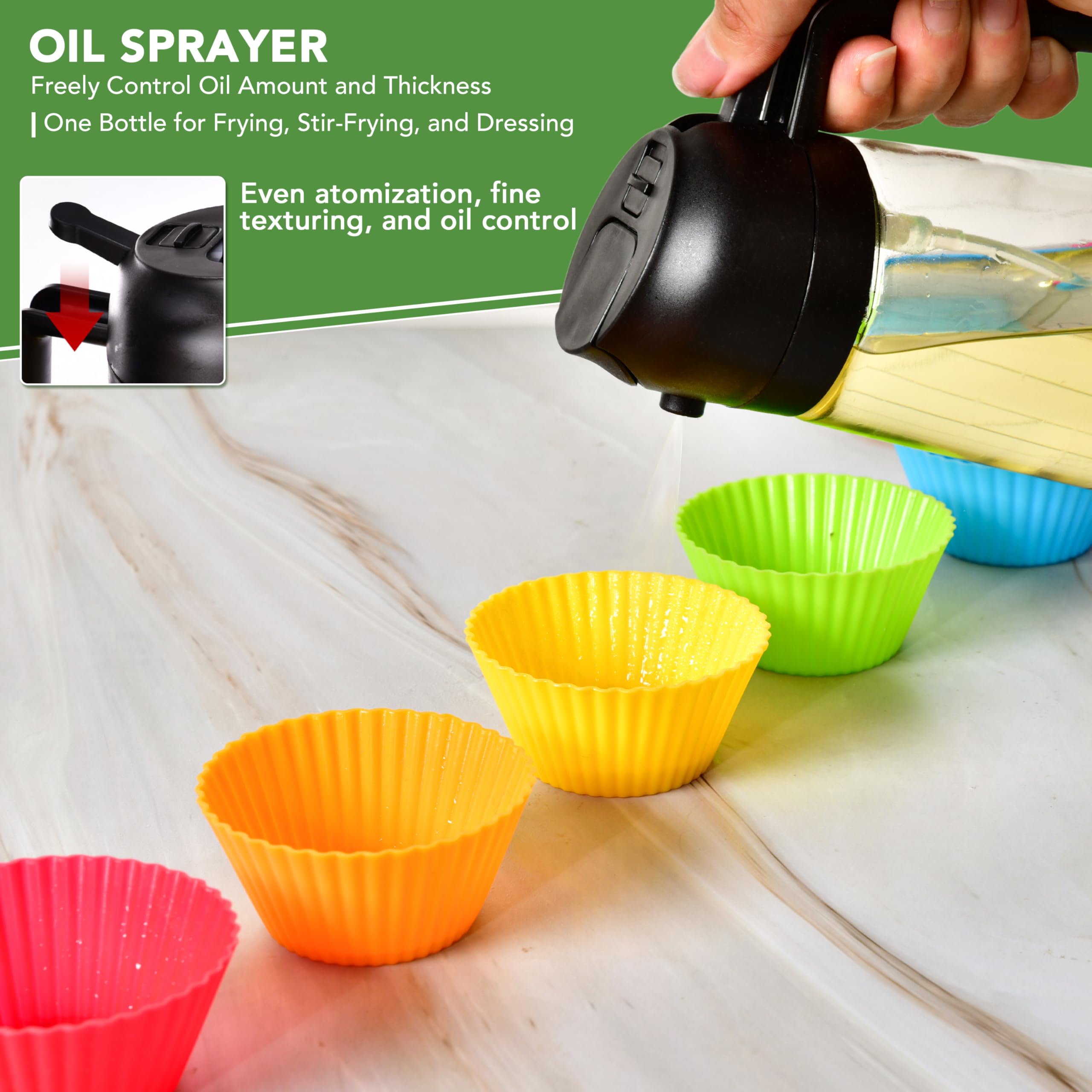 Pulverizador y dispensador de aceite 2 en 1, con botella de vidrio de aceite de oliva para cocinar, y convertirlo en freír al aire, ensalada, barbacoa y hornear, color negro