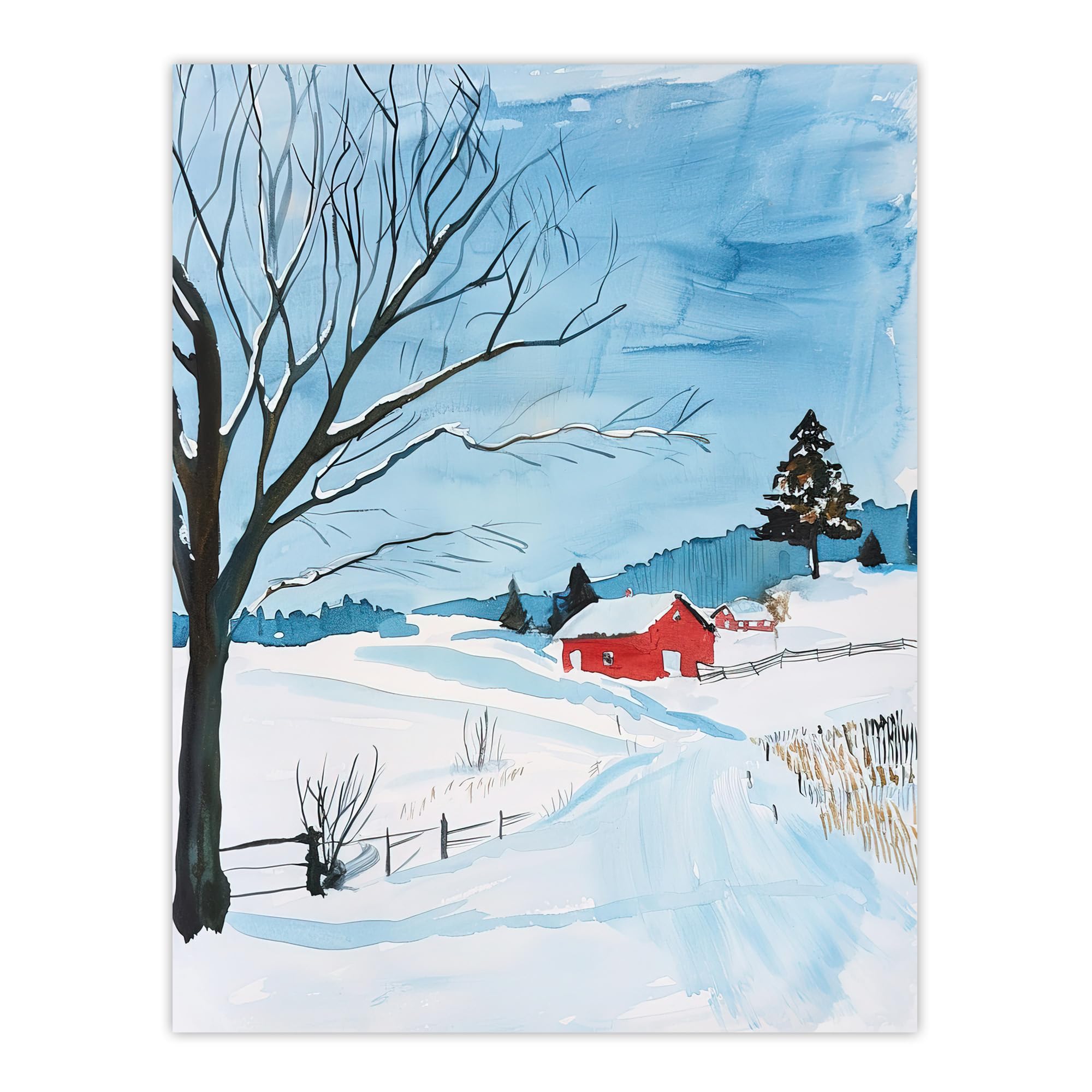 Artery8 Red Swedish Cottage in Winter Snow Countryside Living Room Unframed Wall Art Print Poster Home Decor Premium