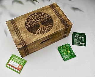 Wood Tea Box - Tea Box for Tea Bags Organiser - Engraved Hardwood Tea Chest with 6 Compartments - Tea Storage Box Multi Functional - Wood Tea Box Organiser - 10 x6 inch (6 compartment box)